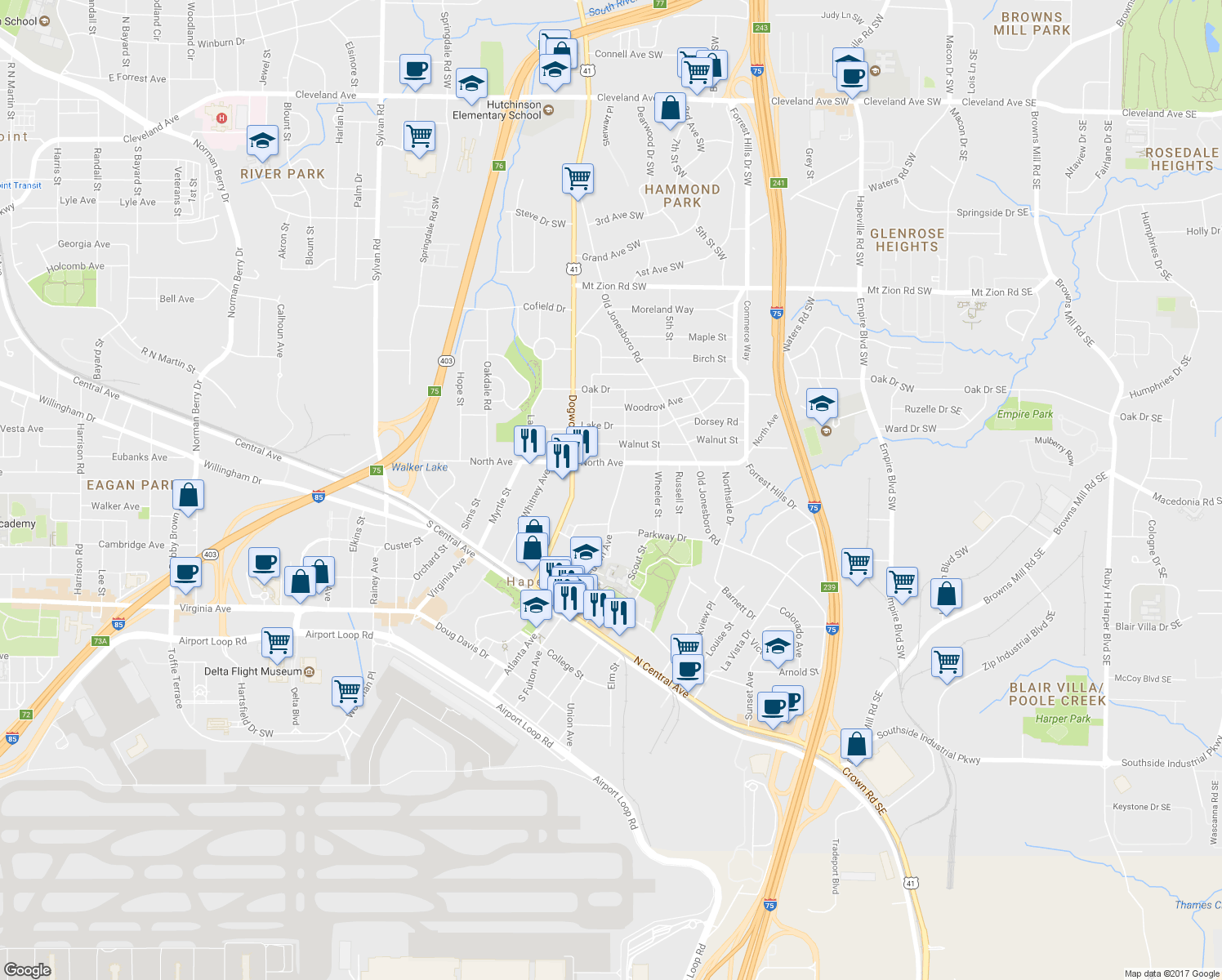 map of restaurants, bars, coffee shops, grocery stores, and more near 3233 North Fulton Avenue in Atlanta