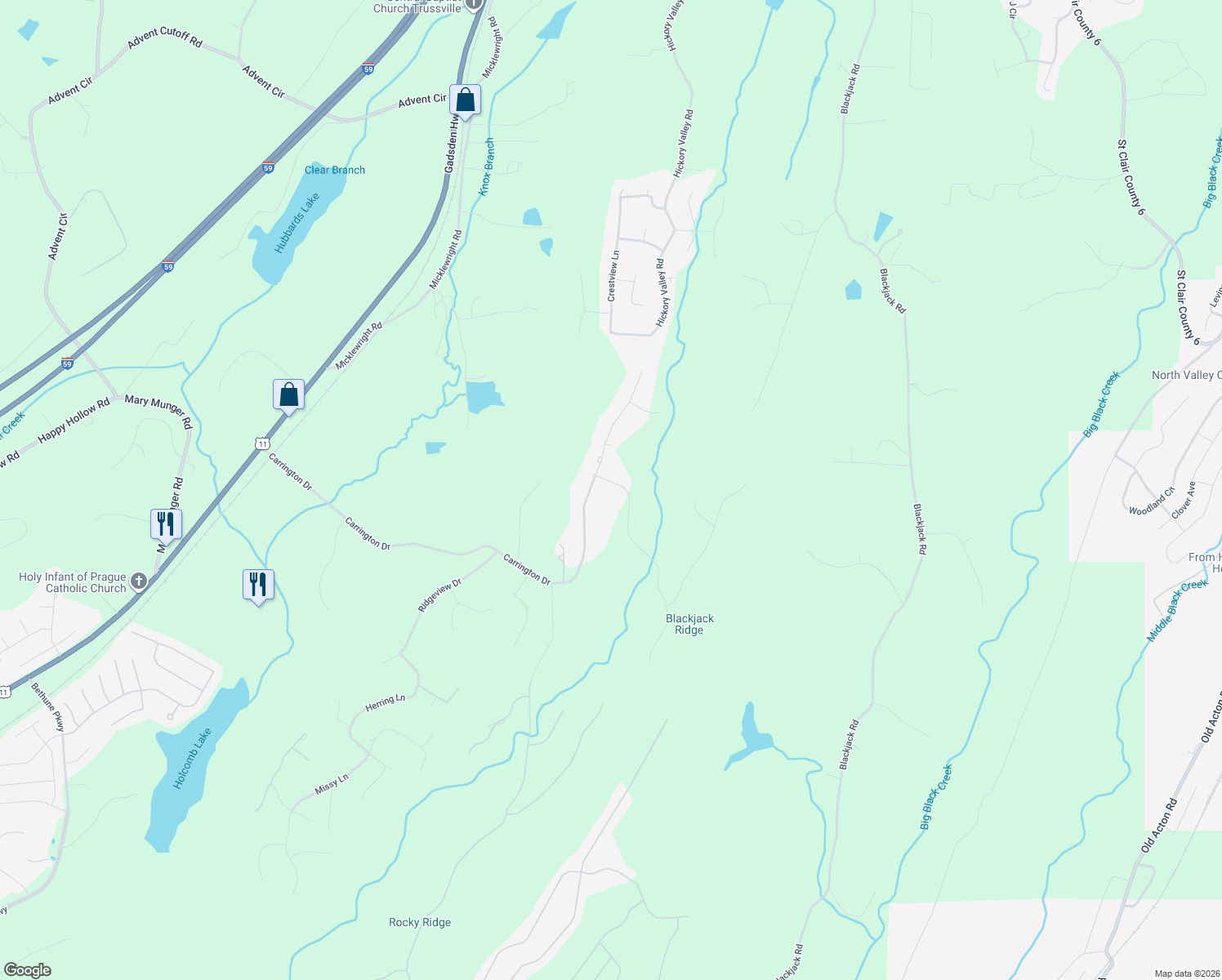 map of restaurants, bars, coffee shops, grocery stores, and more near 2033 Liv Drive in Trussville