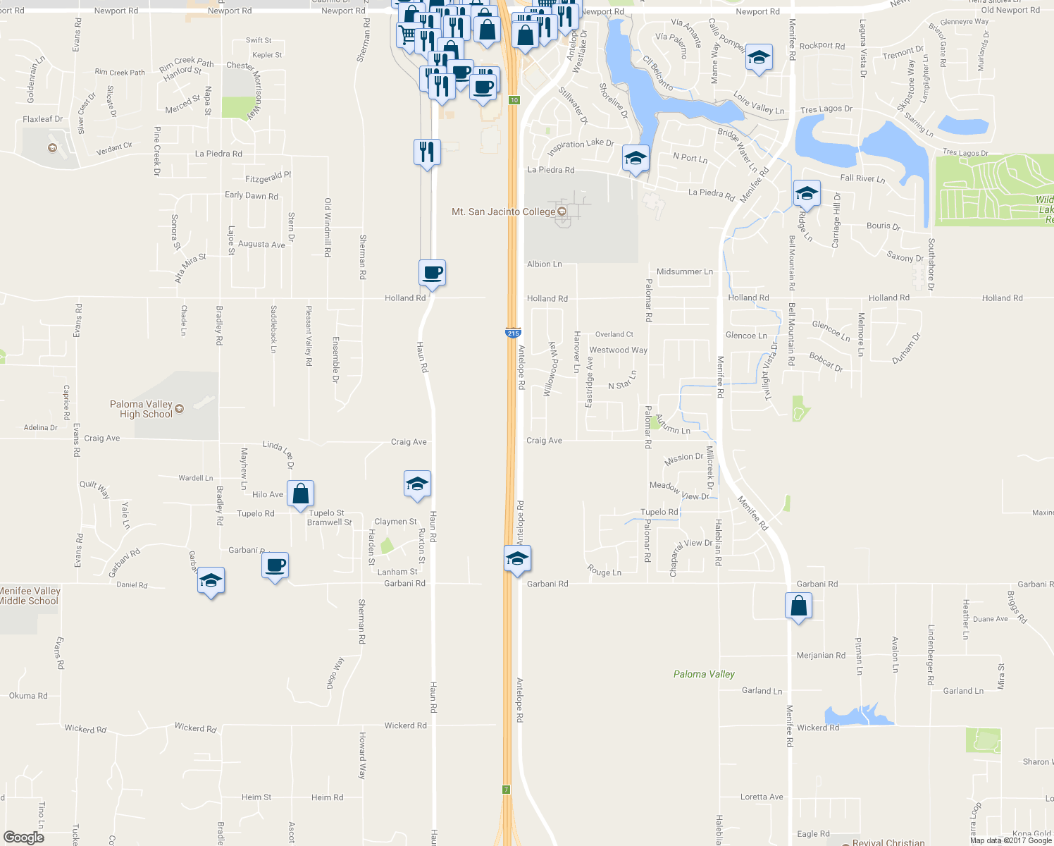 map of restaurants, bars, coffee shops, grocery stores, and more near 31447 Hallwood Court in Menifee