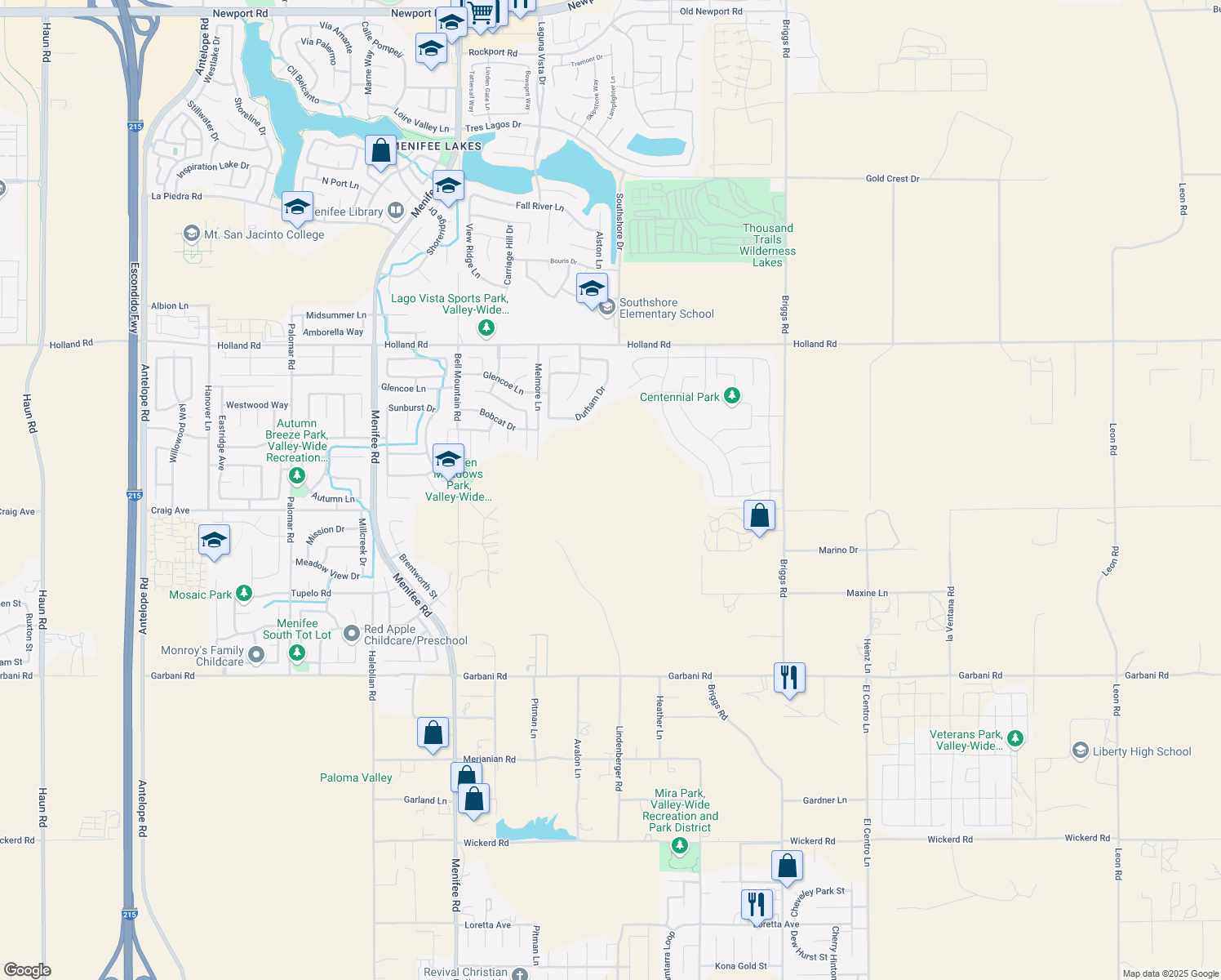 map of restaurants, bars, coffee shops, grocery stores, and more near 29409 Sugar Court in Menifee