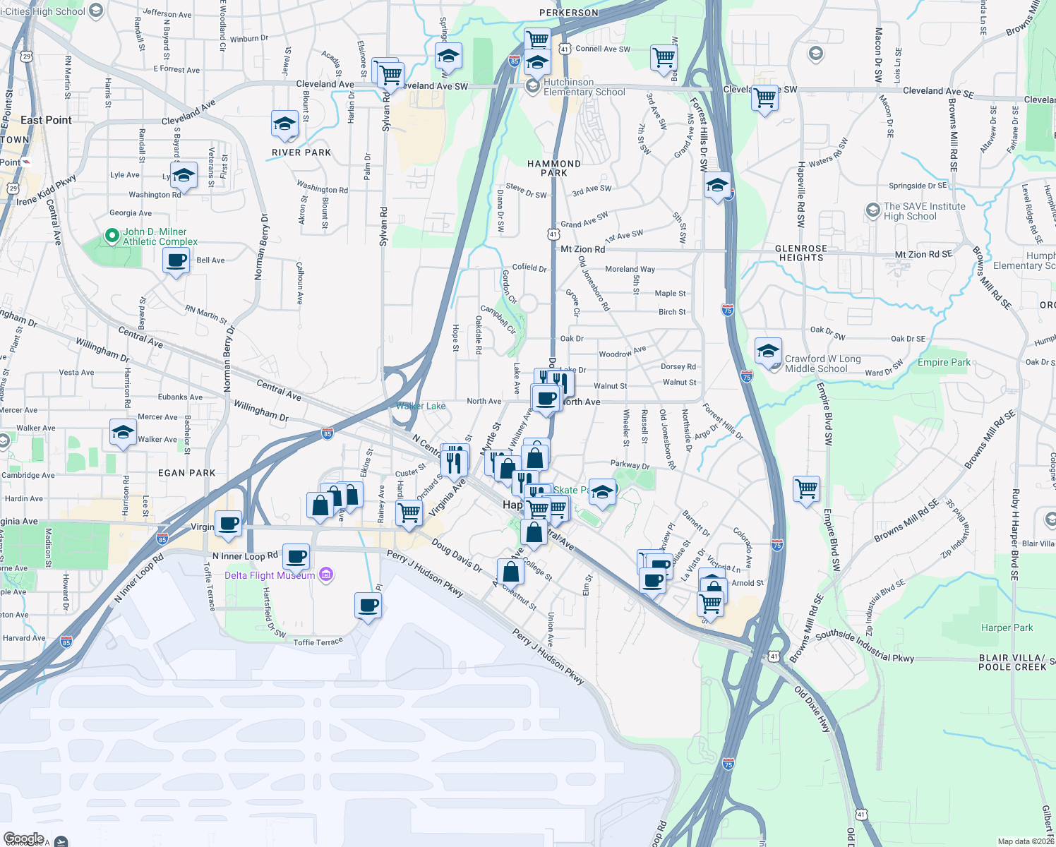 map of restaurants, bars, coffee shops, grocery stores, and more near 3294 North Whitney Avenue in Hapeville