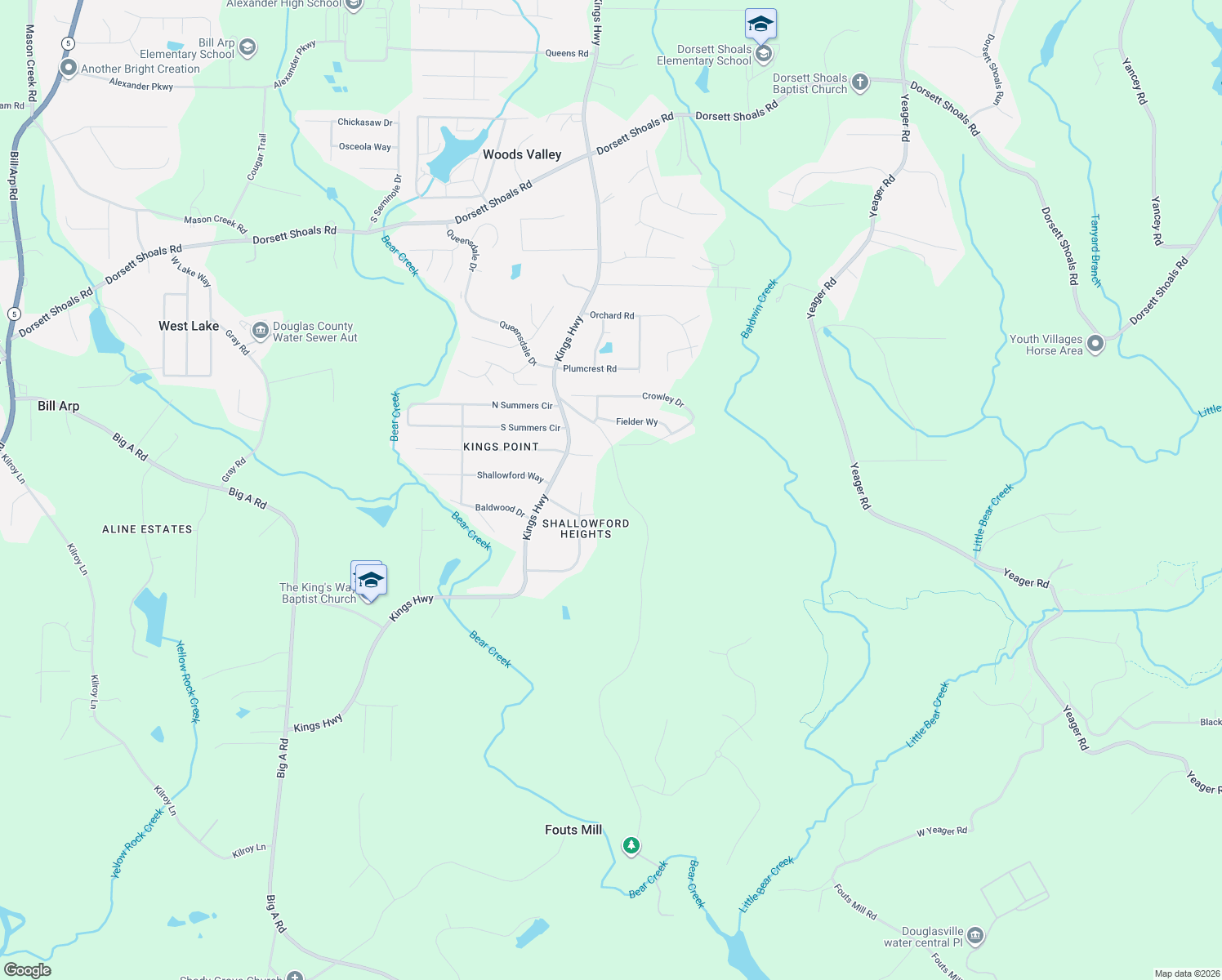 map of restaurants, bars, coffee shops, grocery stores, and more near 5243 Punkintown Road in Douglasville