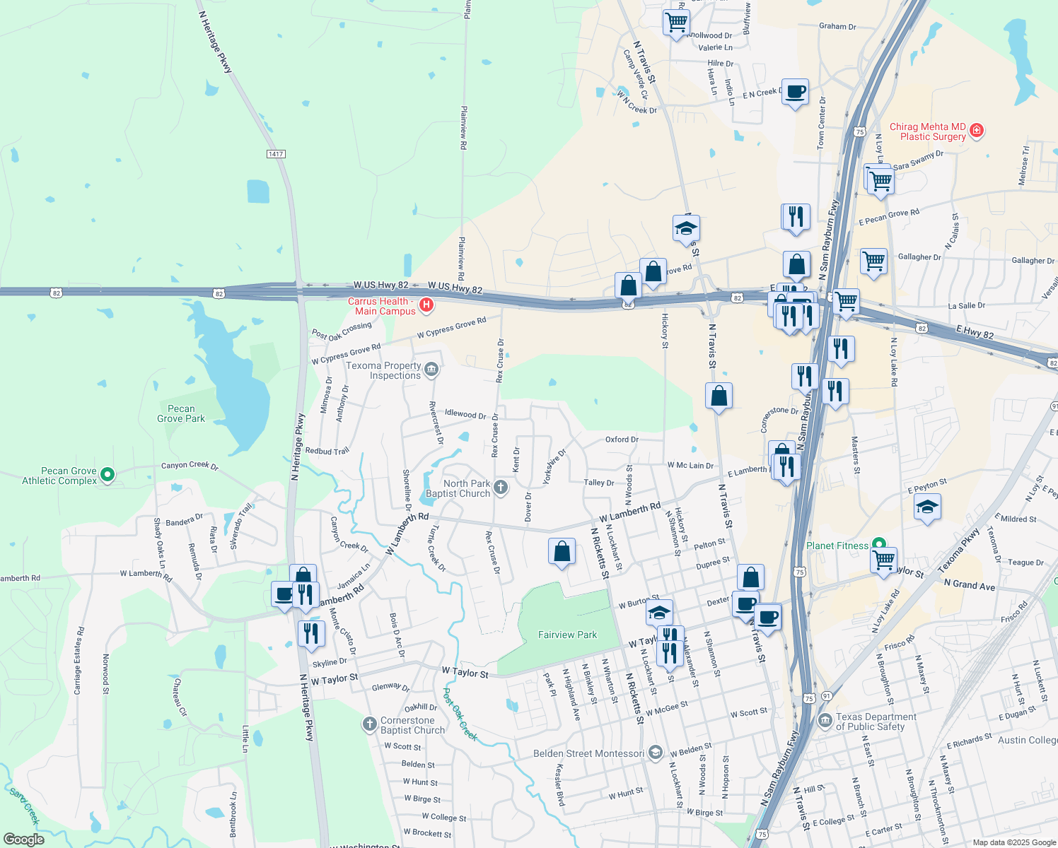 map of restaurants, bars, coffee shops, grocery stores, and more near 2910 Dover Dr in Sherman