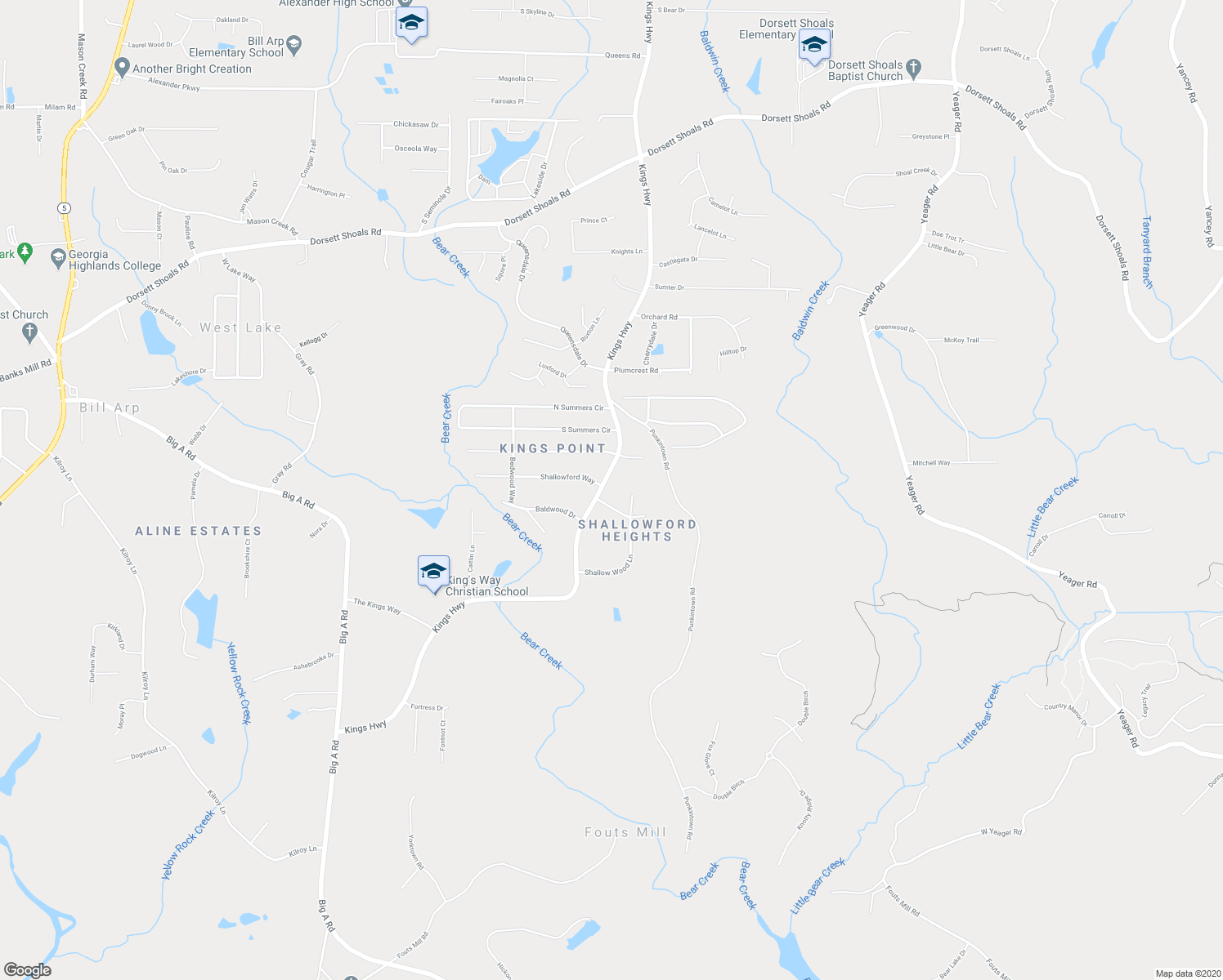 map of restaurants, bars, coffee shops, grocery stores, and more near 5183 Kings Highway in Douglasville