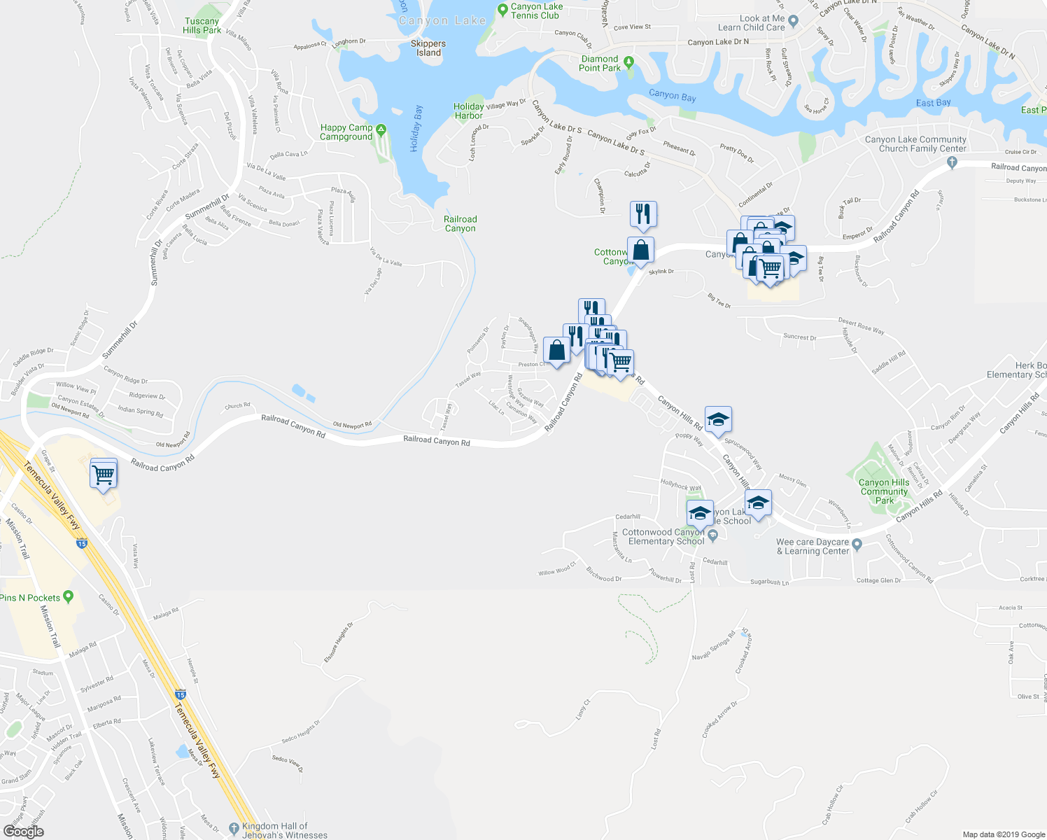 map of restaurants, bars, coffee shops, grocery stores, and more near 24202 Carnation Way in Lake Elsinore