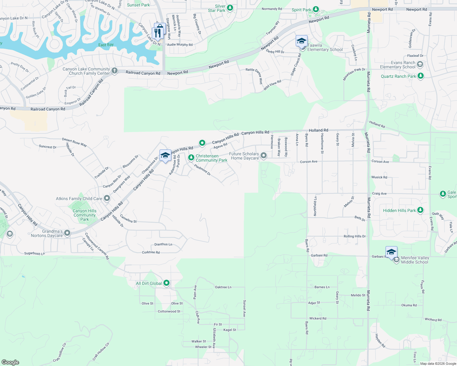 map of restaurants, bars, coffee shops, grocery stores, and more near 36380 Lantana Court in Lake Elsinore