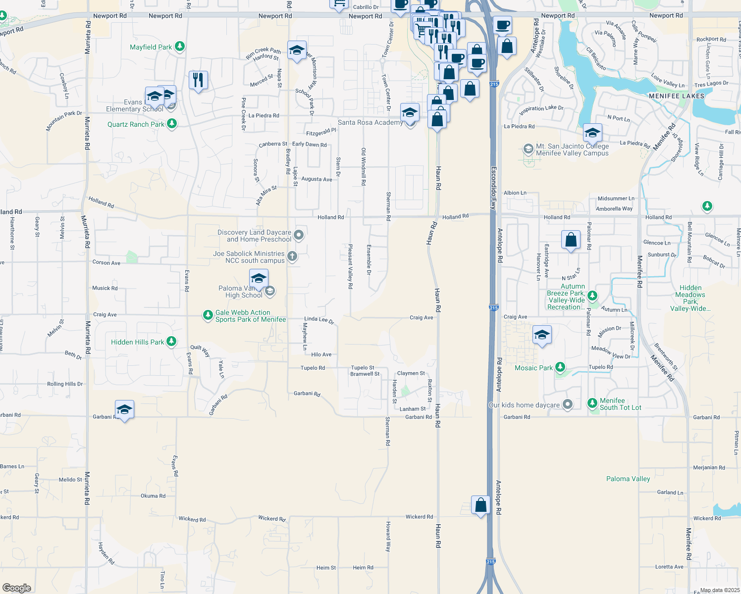 map of restaurants, bars, coffee shops, grocery stores, and more near Sherman Road in Menifee