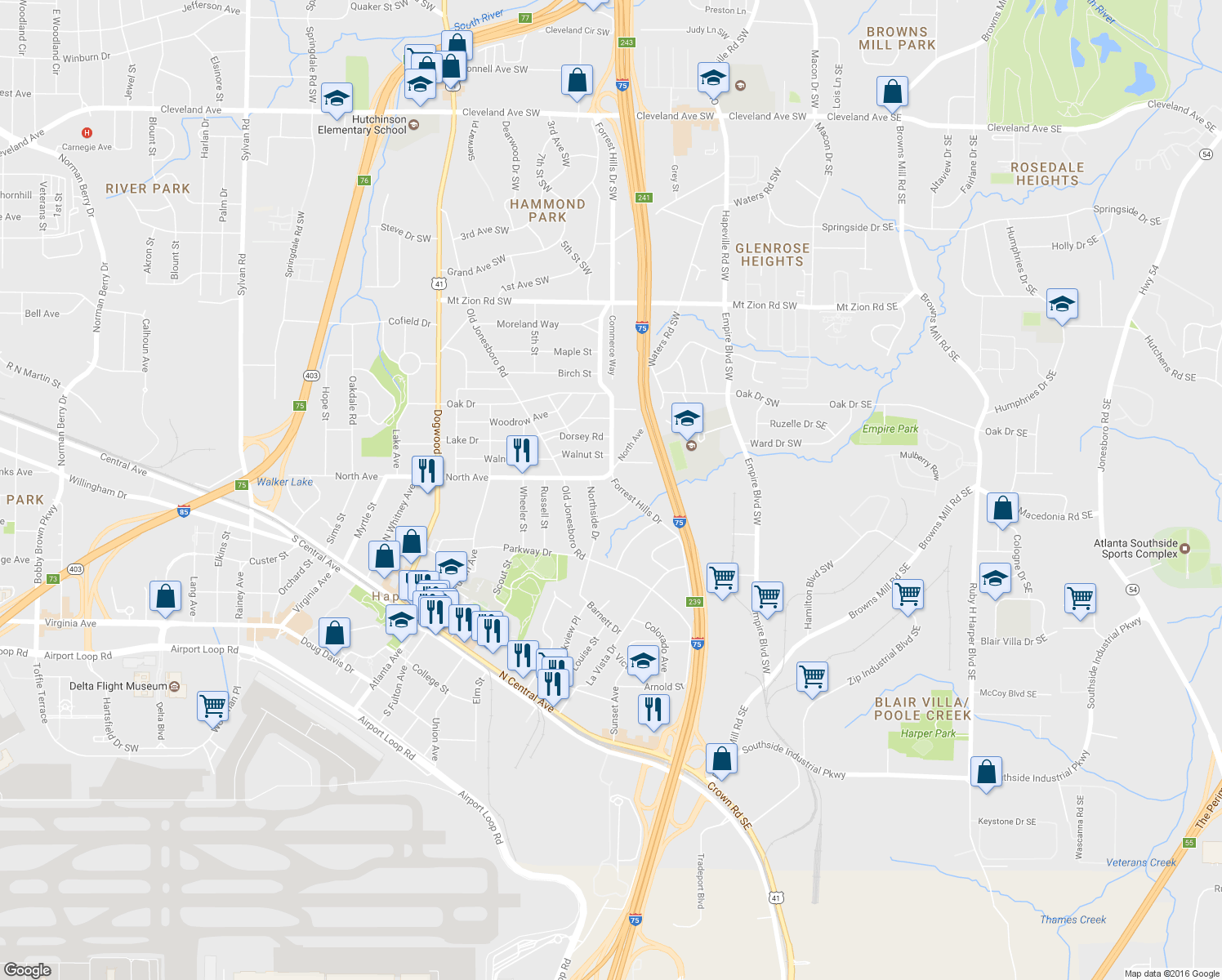 map of restaurants, bars, coffee shops, grocery stores, and more near 3301 Forrest Hills Drive in Hapeville
