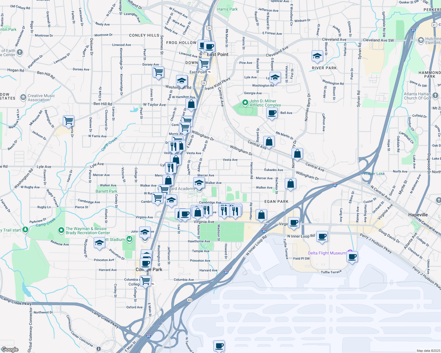 map of restaurants, bars, coffee shops, grocery stores, and more near 3330 Madison Street in College Park