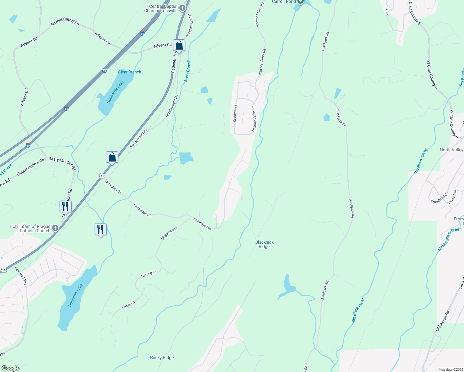 map of restaurants, bars, coffee shops, grocery stores, and more near 2033 Liv Drive in Trussville