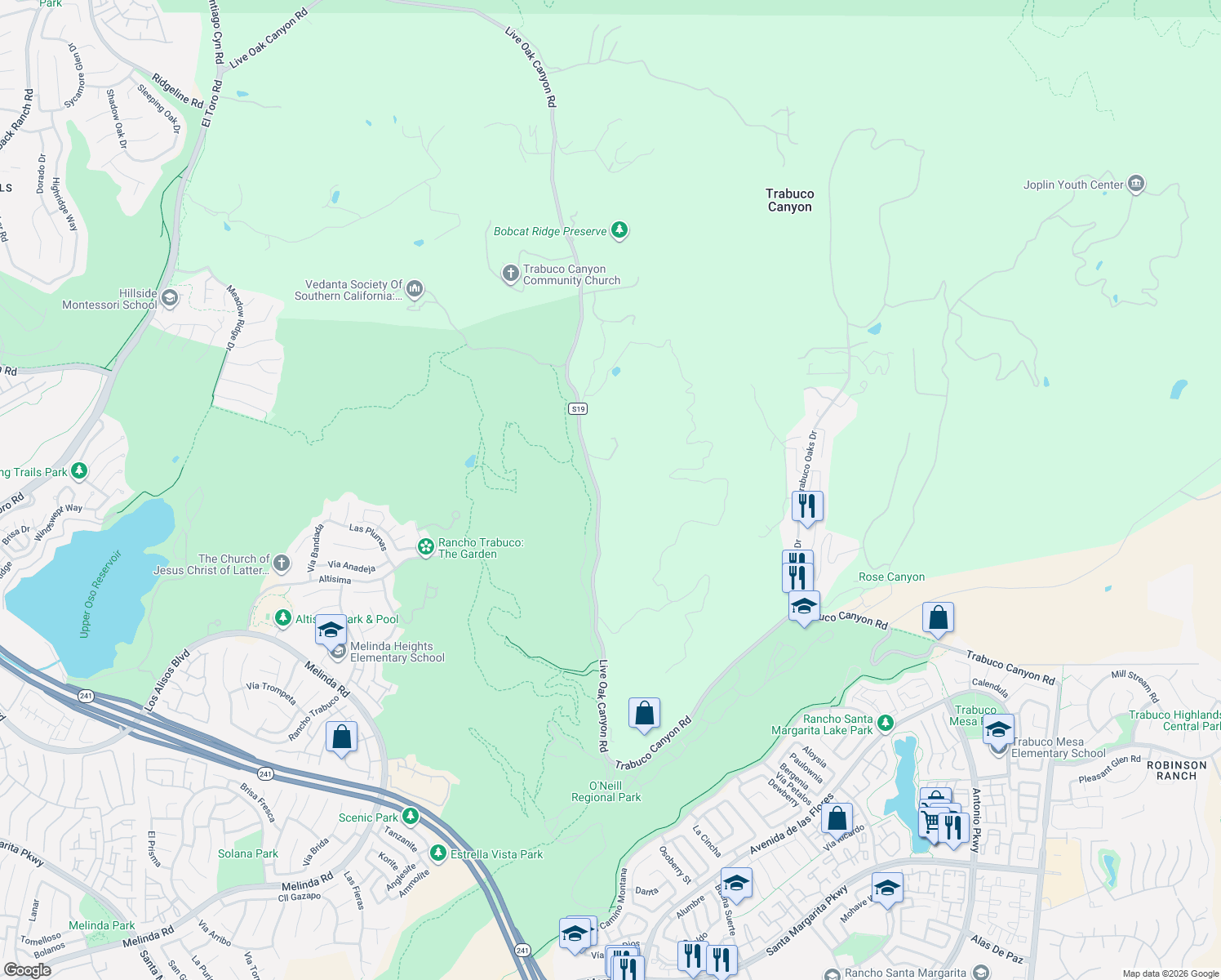 map of restaurants, bars, coffee shops, grocery stores, and more near 20482 Live Oak Canyon Road in Trabuco Canyon