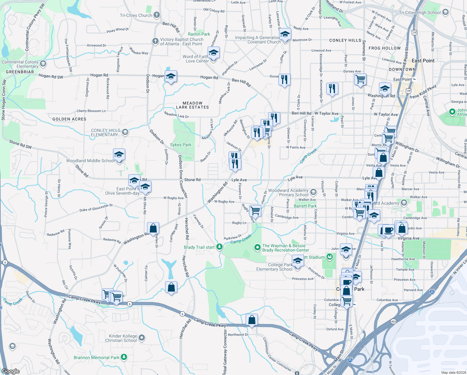 map of restaurants, bars, coffee shops, grocery stores, and more near 2339 Young Drive in College Park