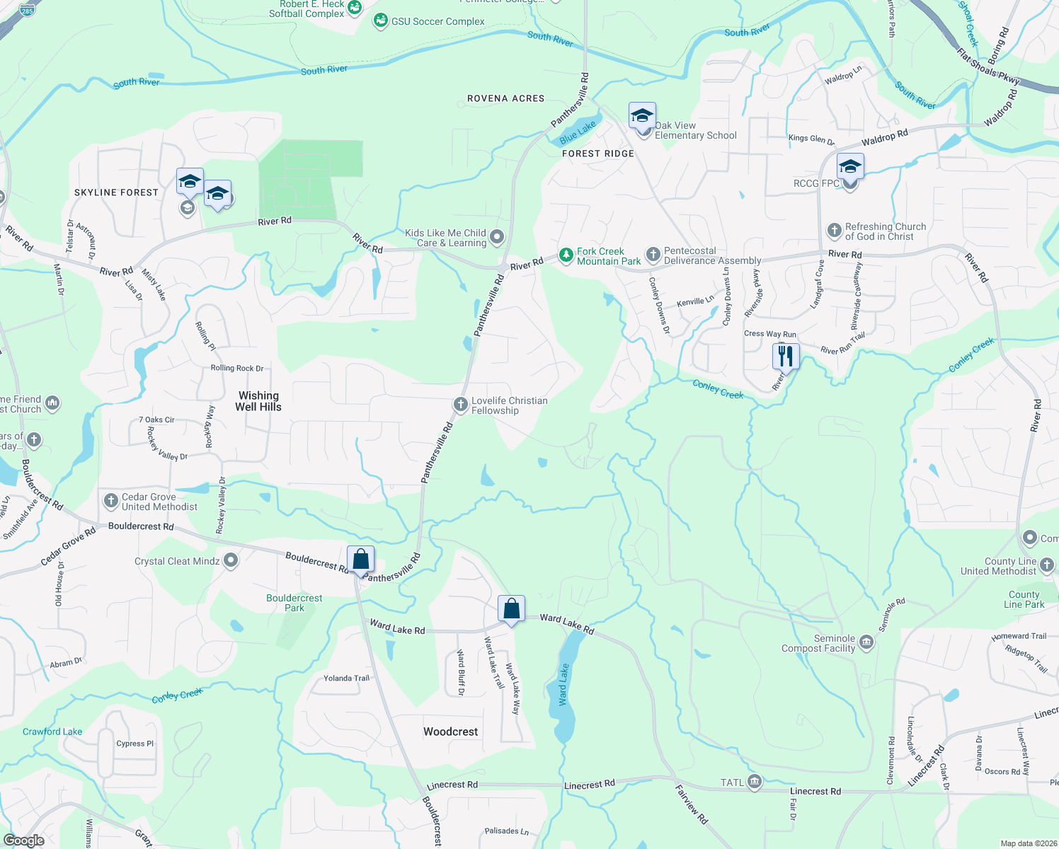 map of restaurants, bars, coffee shops, grocery stores, and more near 2776 Fork Creek Church Road in Ellenwood