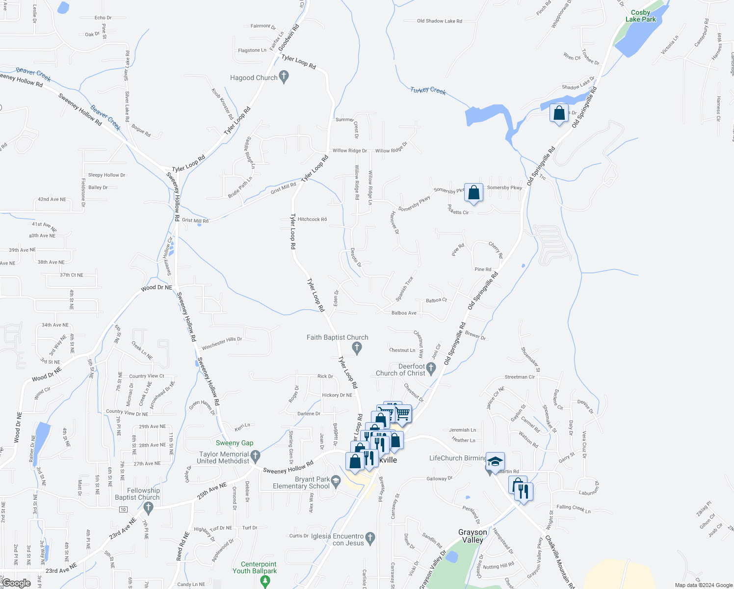 map of restaurants, bars, coffee shops, grocery stores, and more near 5504 Desoto Circle in Pinson