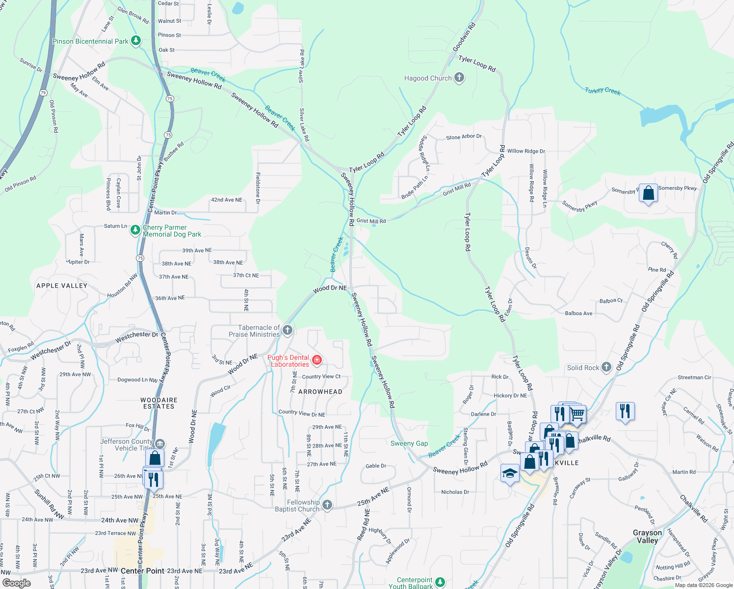map of restaurants, bars, coffee shops, grocery stores, and more near 1104 Oak Creek Trail Northeast in Birmingham