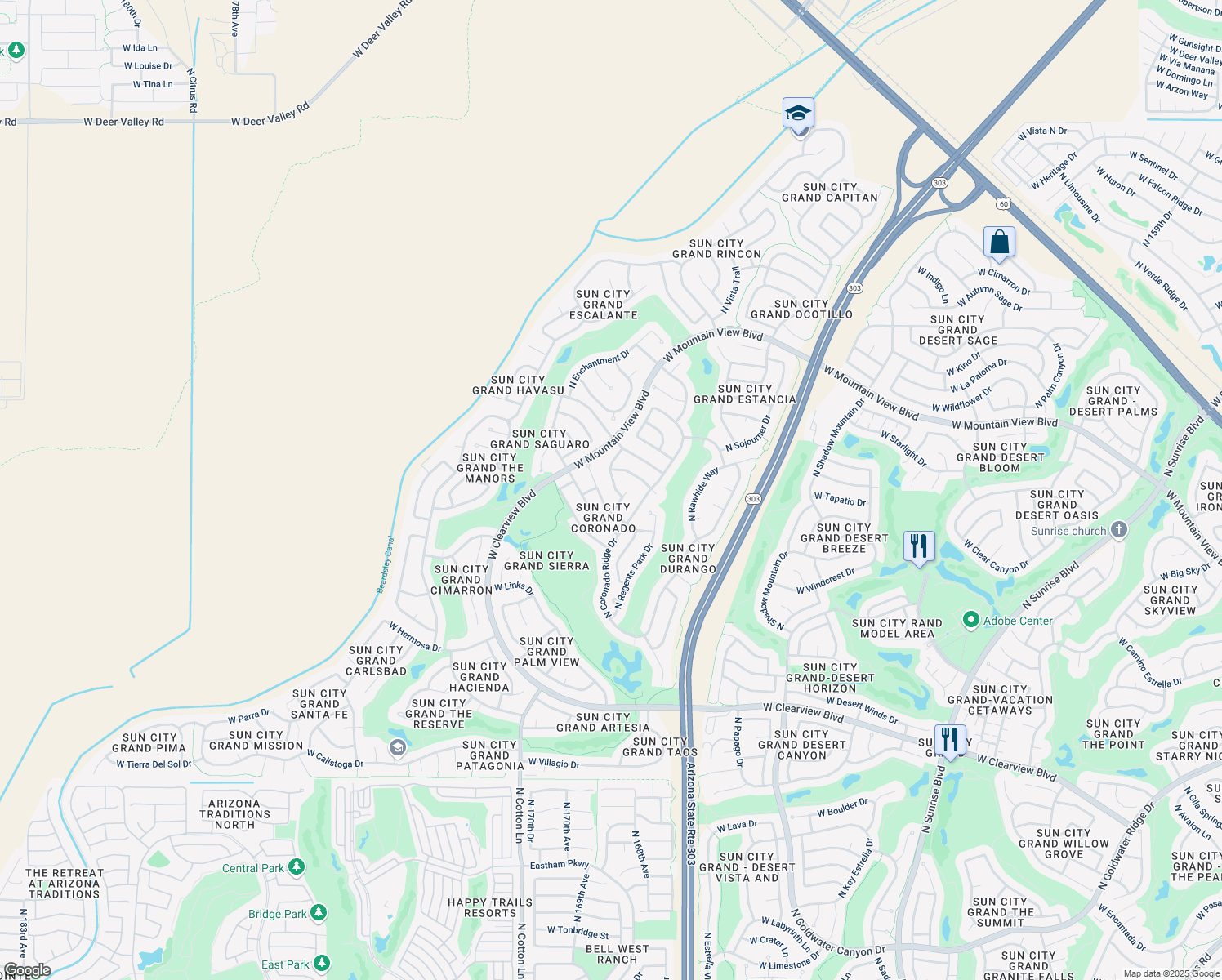 map of restaurants, bars, coffee shops, grocery stores, and more near 19972 North Portico Way in Surprise