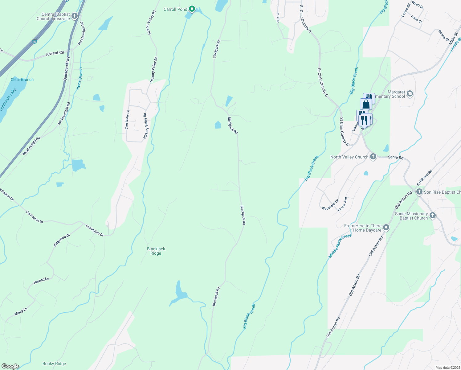 map of restaurants, bars, coffee shops, grocery stores, and more near 1376 Blackjack Road in Trussville