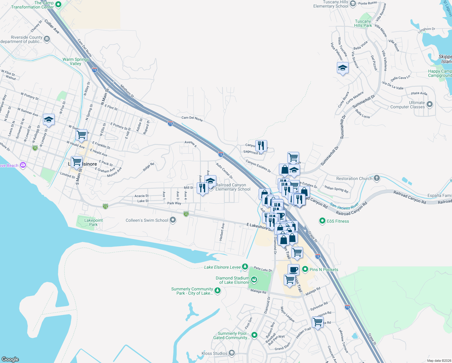 map of restaurants, bars, coffee shops, grocery stores, and more near 1620 Griffin Way in Lake Elsinore
