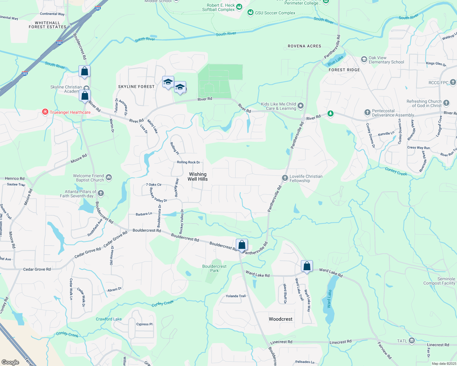 map of restaurants, bars, coffee shops, grocery stores, and more near 2492 Pendergrass Lane in Ellenwood