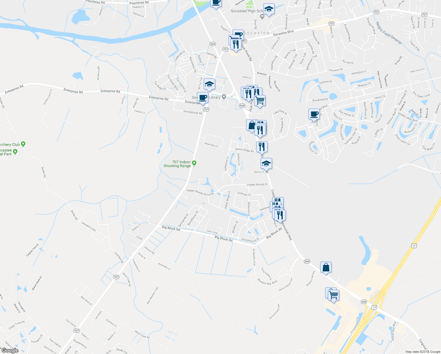 map of restaurants, bars, coffee shops, grocery stores, and more near 108 Oxford Place in Myrtle Beach