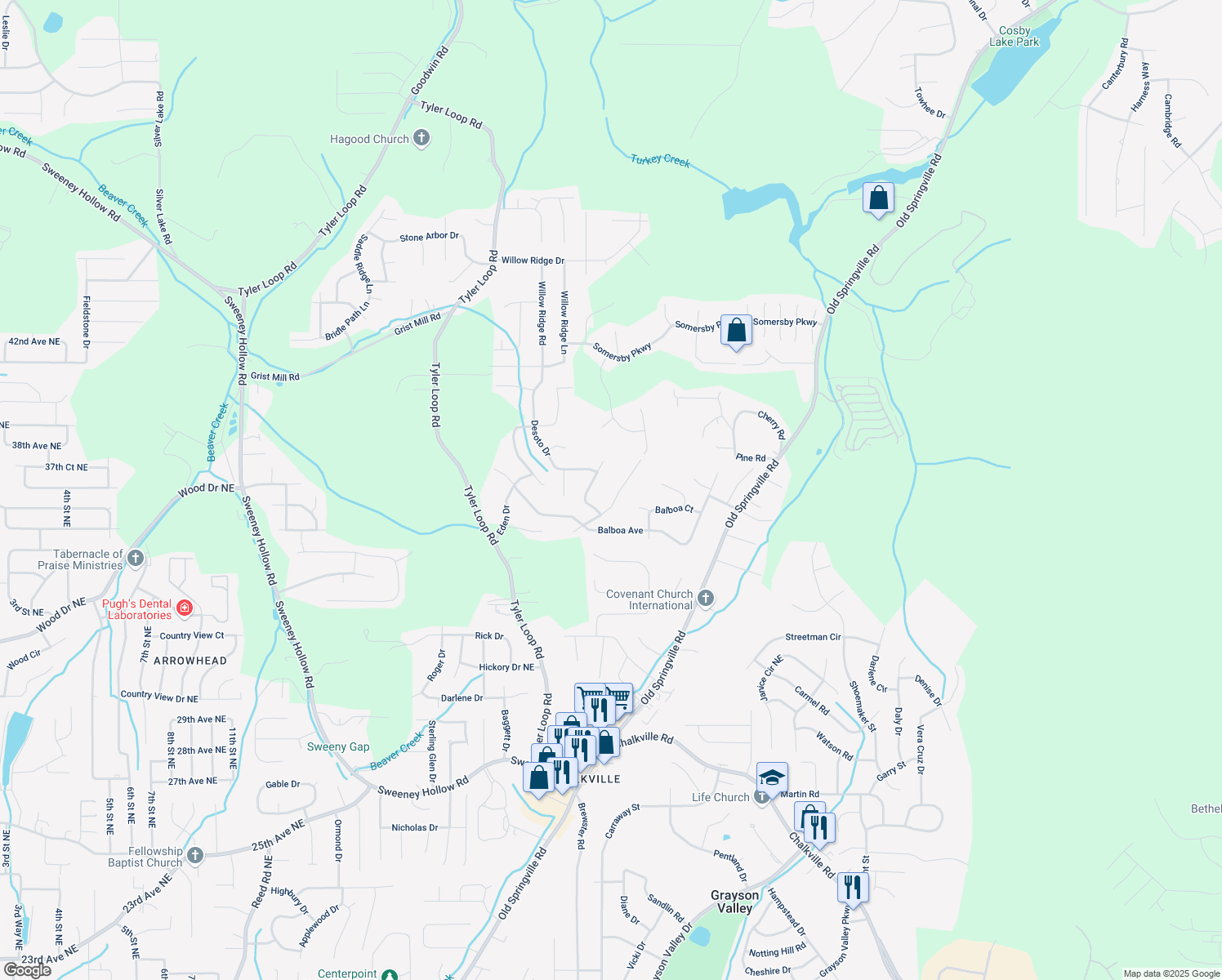 map of restaurants, bars, coffee shops, grocery stores, and more near 5534 Spanish Trce in Pinson