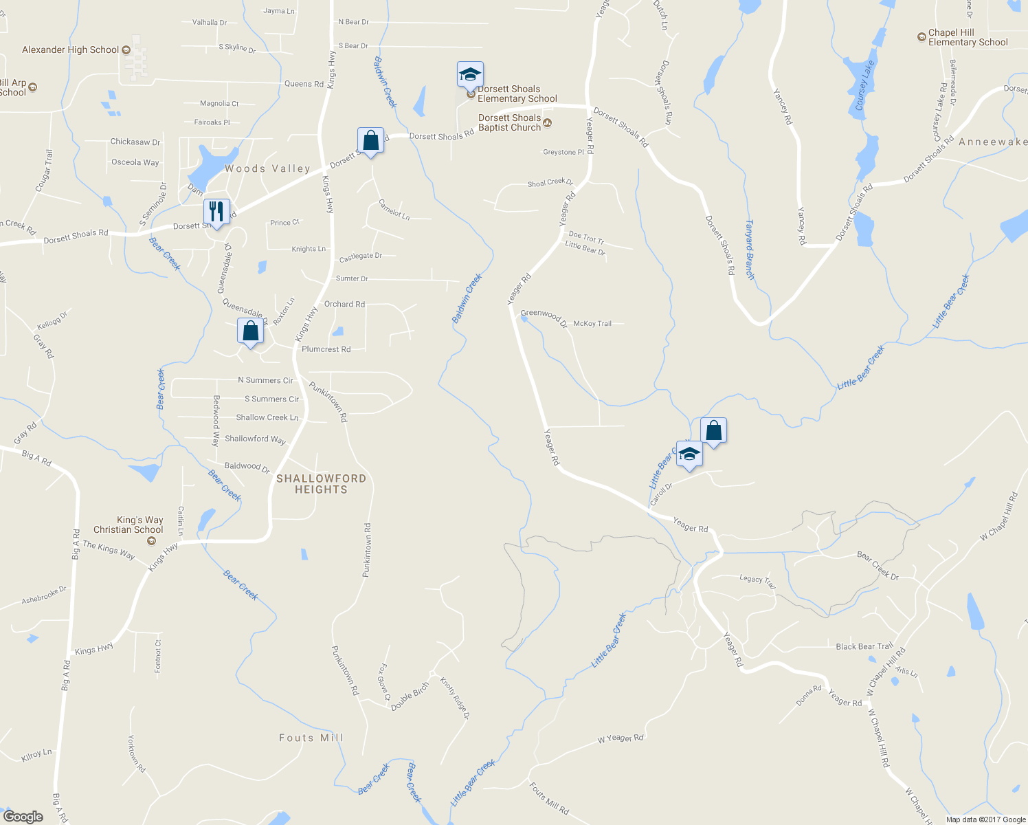 map of restaurants, bars, coffee shops, grocery stores, and more near 5079 Yeager Road in Douglasville