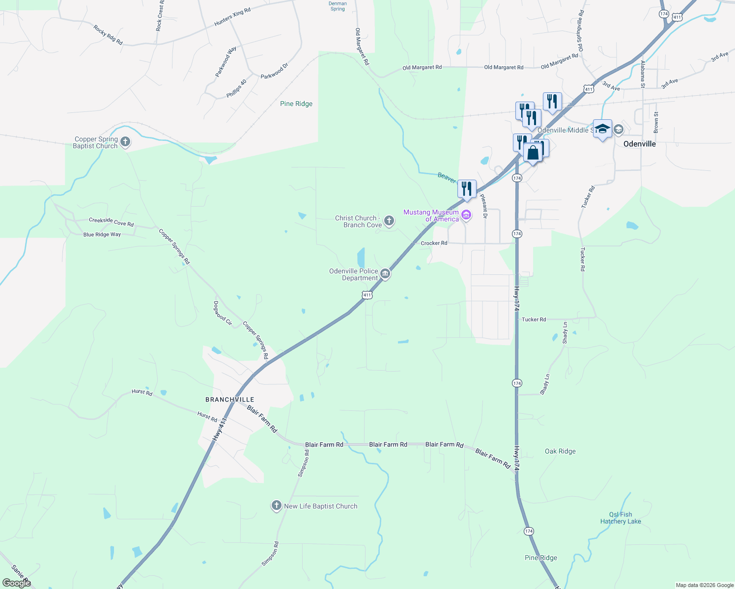 map of restaurants, bars, coffee shops, grocery stores, and more near 12600 U.S. 411 in Odenville