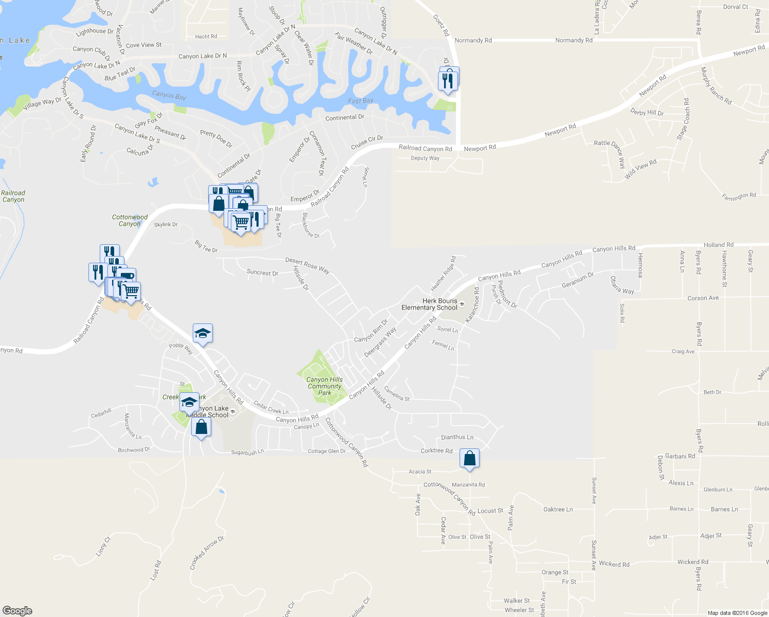 map of restaurants, bars, coffee shops, grocery stores, and more near 34302 Blossoms Drive in Lake Elsinore