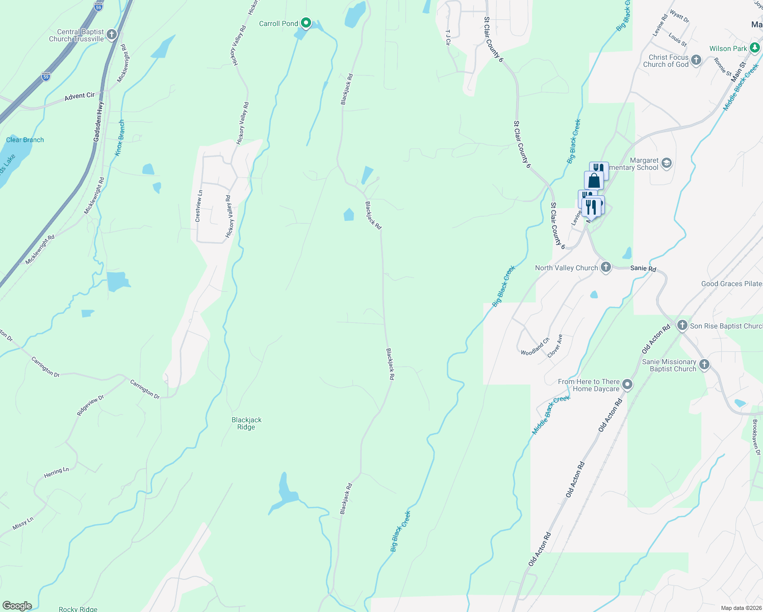 map of restaurants, bars, coffee shops, grocery stores, and more near 1376 Blackjack Road in Trussville
