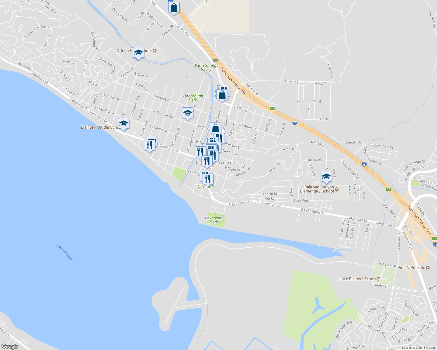 map of restaurants, bars, coffee shops, grocery stores, and more near 2 Olive Street in Lake Elsinore