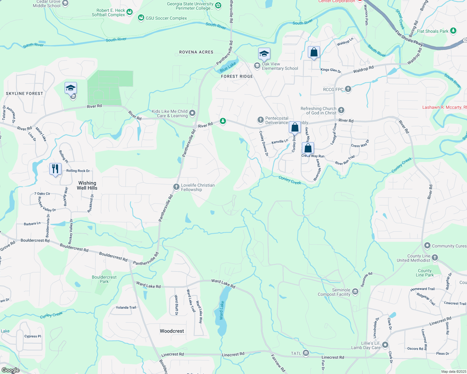 map of restaurants, bars, coffee shops, grocery stores, and more near 2860 River Close Drive in Decatur