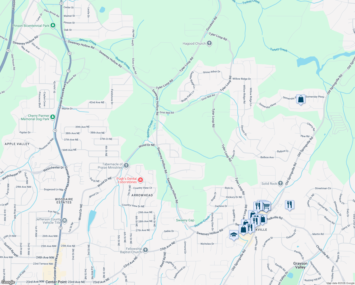 map of restaurants, bars, coffee shops, grocery stores, and more near 1138 Oak Shadow Circle Northeast in Birmingham