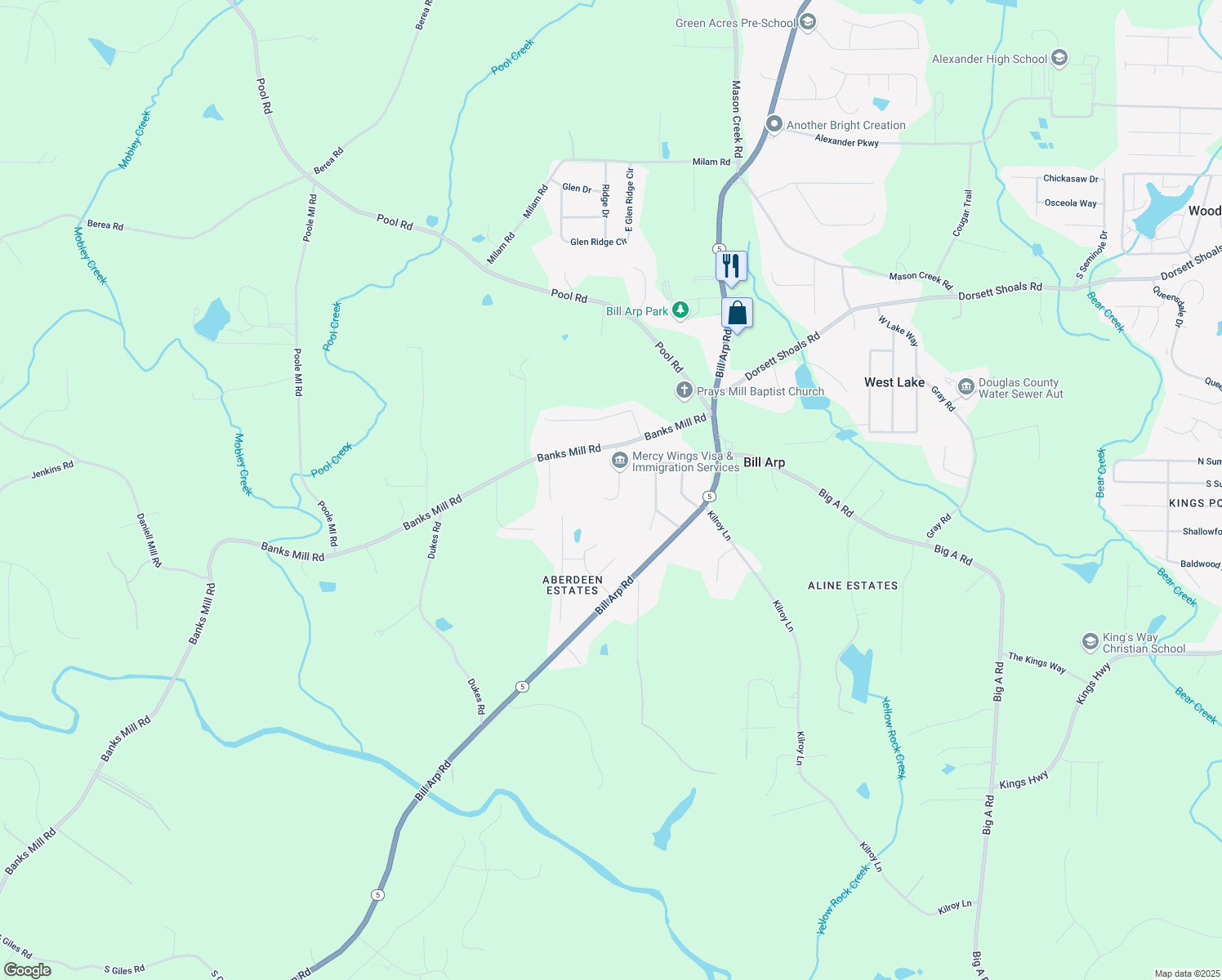 map of restaurants, bars, coffee shops, grocery stores, and more near 5077 Fieldview Drive in Douglasville