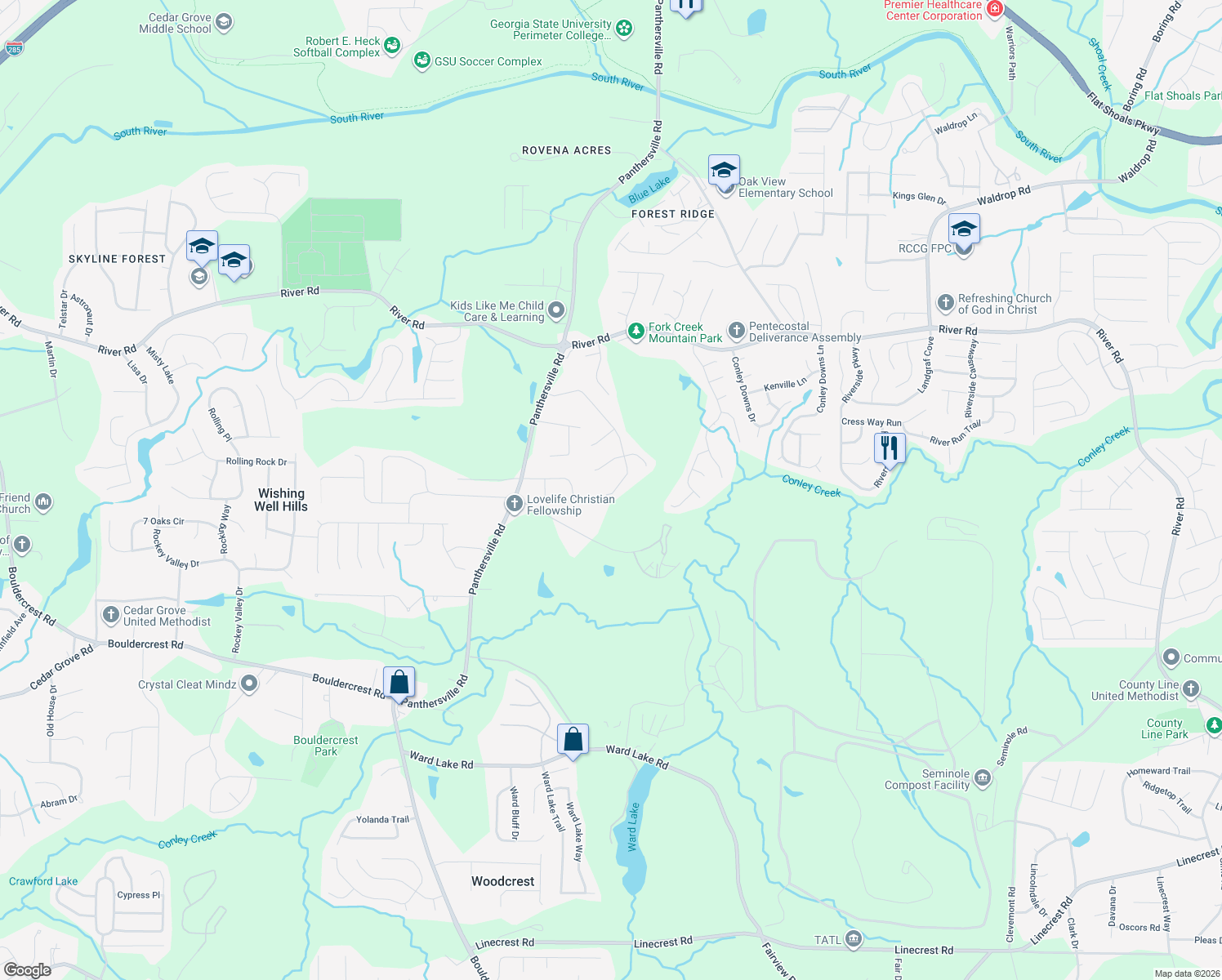 map of restaurants, bars, coffee shops, grocery stores, and more near 2919 Cedar Trace Drive in Ellenwood