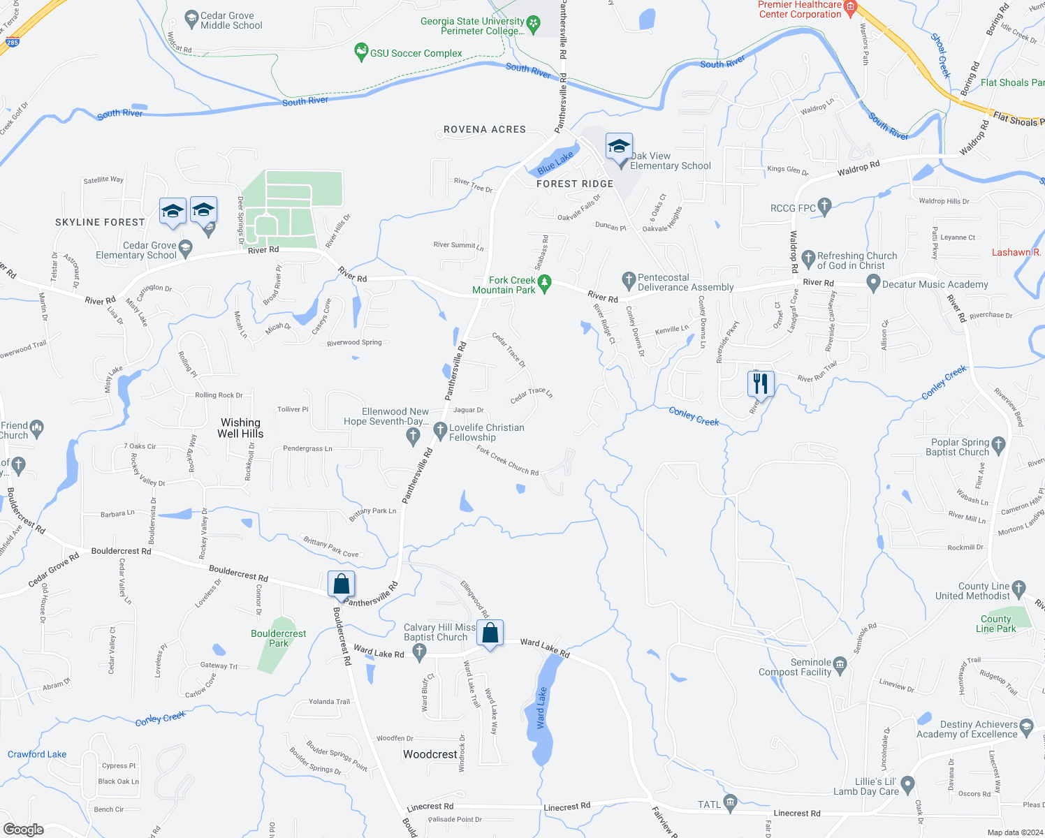map of restaurants, bars, coffee shops, grocery stores, and more near 2919 Cedar Trace Drive in Ellenwood