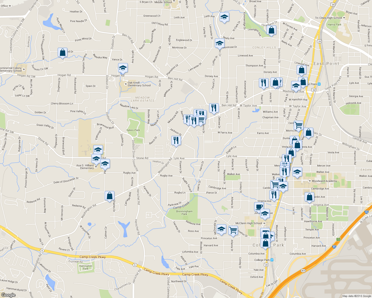 map of restaurants, bars, coffee shops, grocery stores, and more near 3257 Lyle Terrace in College Park