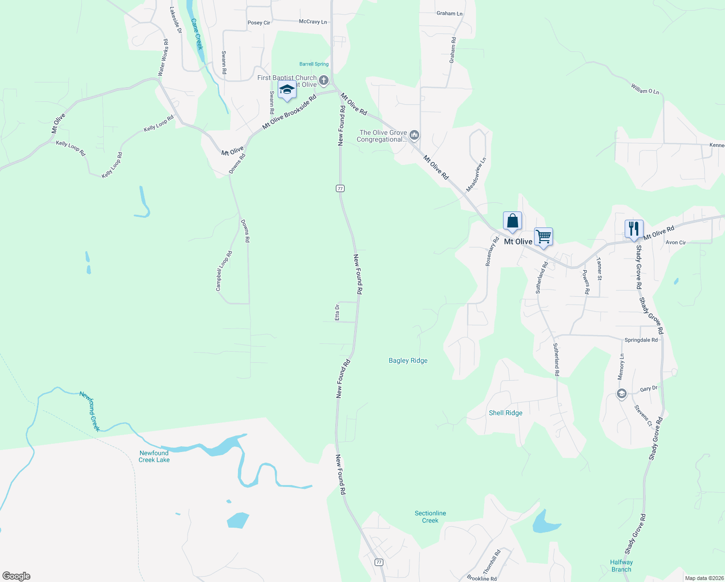 map of restaurants, bars, coffee shops, grocery stores, and more near 5481 New Found Road in Mount Olive