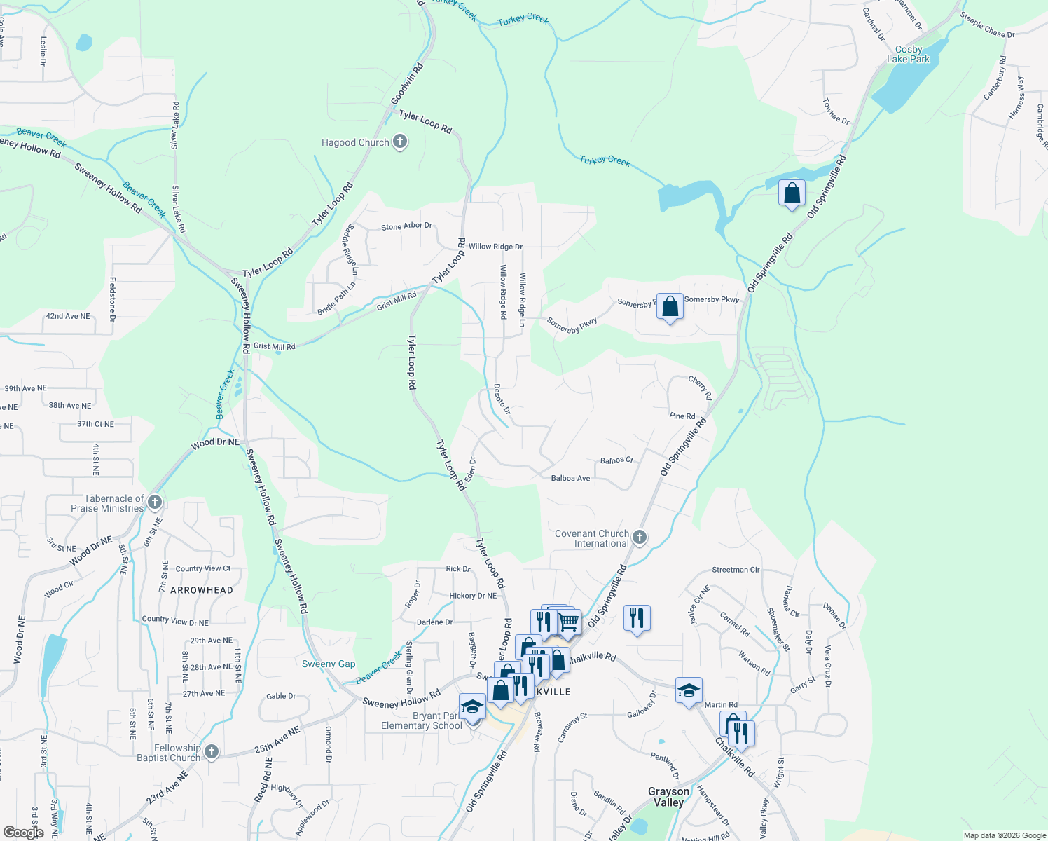 map of restaurants, bars, coffee shops, grocery stores, and more near 5649 Desoto Drive in Pinson