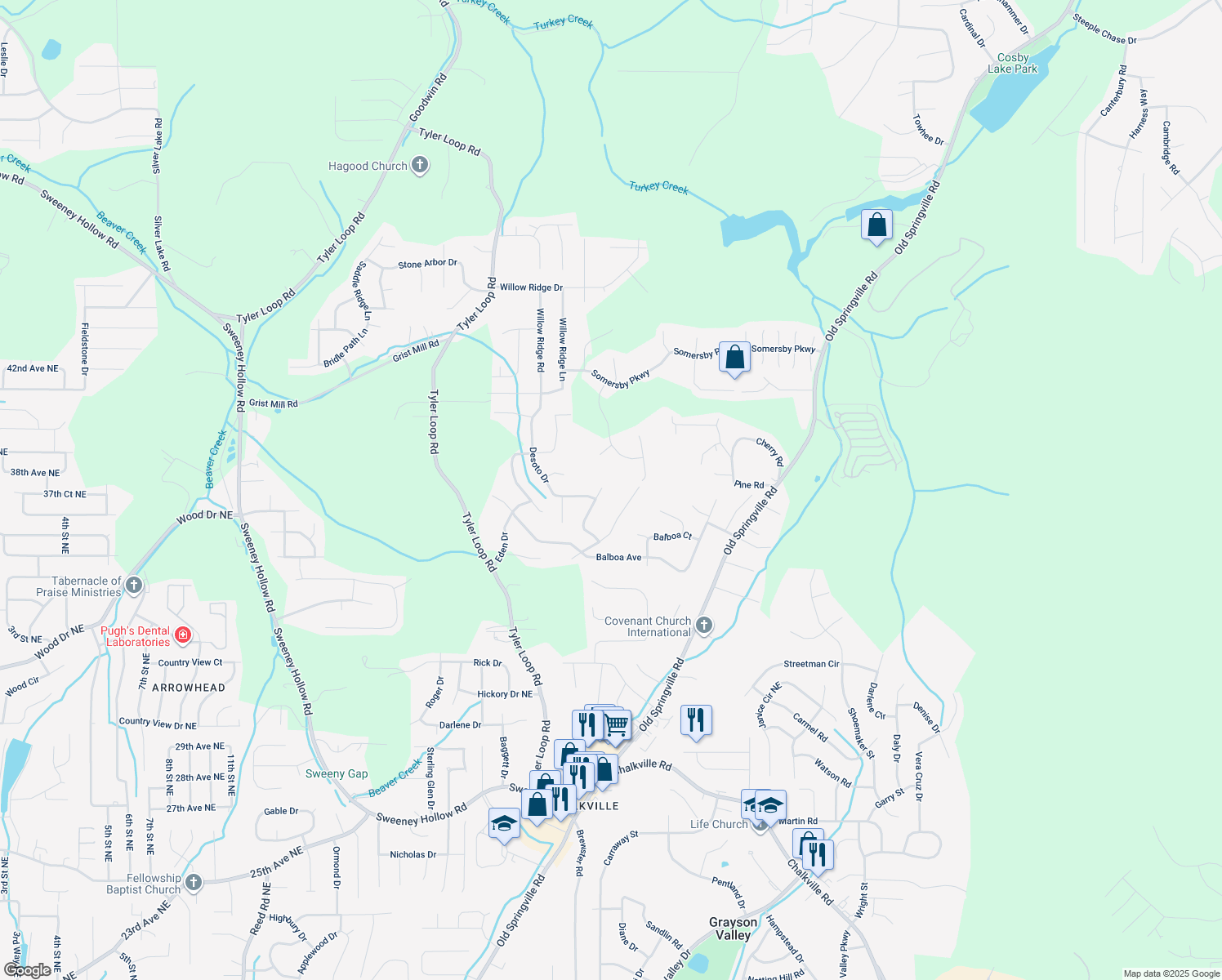 map of restaurants, bars, coffee shops, grocery stores, and more near 5553 San Marcos Drive in Dixiana