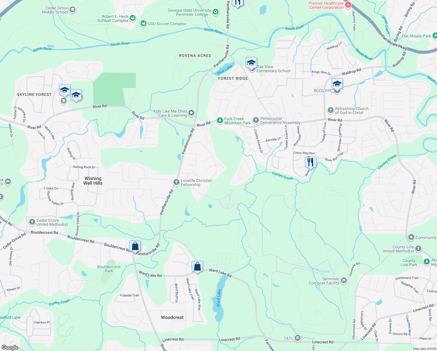 map of restaurants, bars, coffee shops, grocery stores, and more near 2898 Cedar Trace Drive in Ellenwood