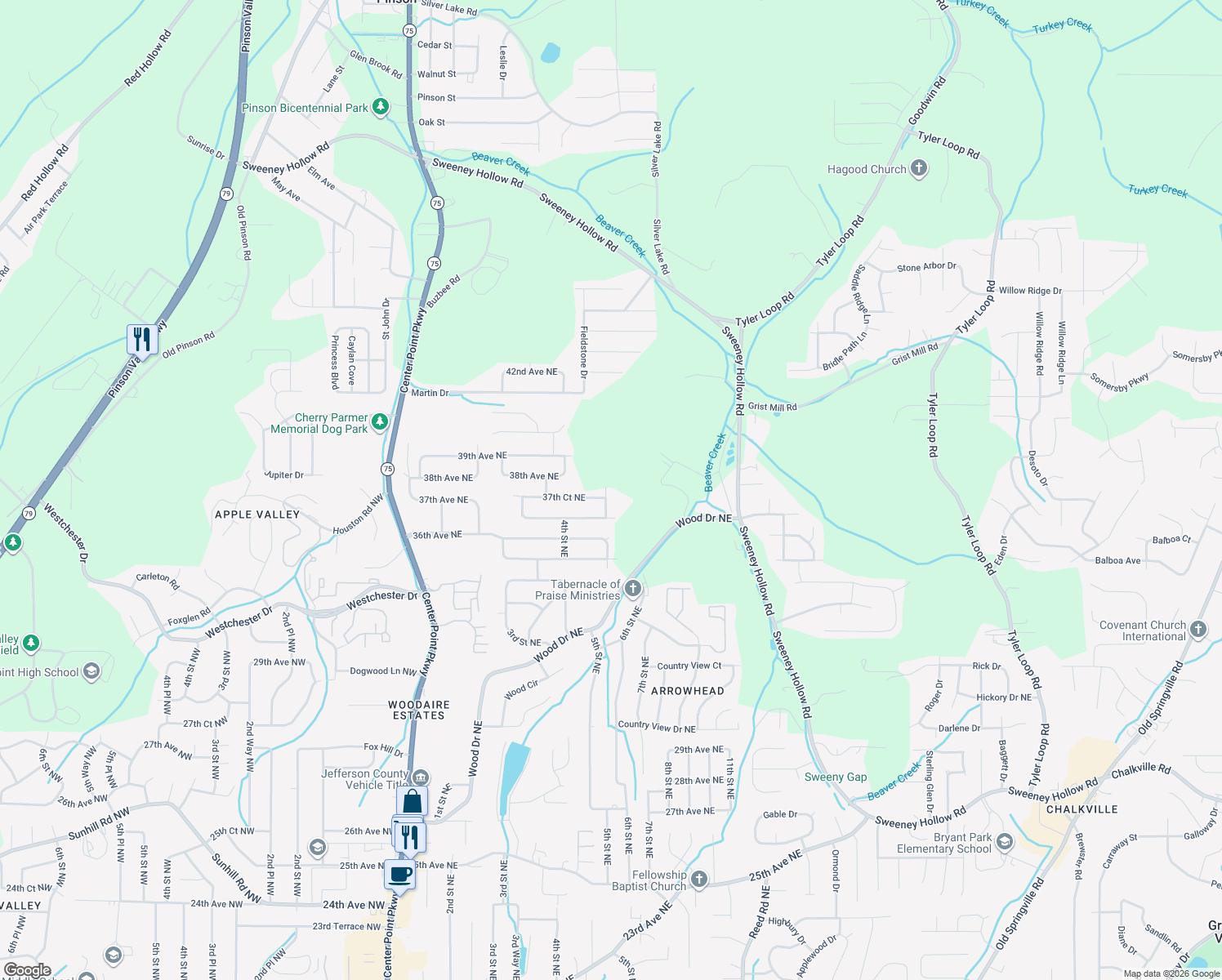 map of restaurants, bars, coffee shops, grocery stores, and more near 3713 5th Street Northeast in Center Point