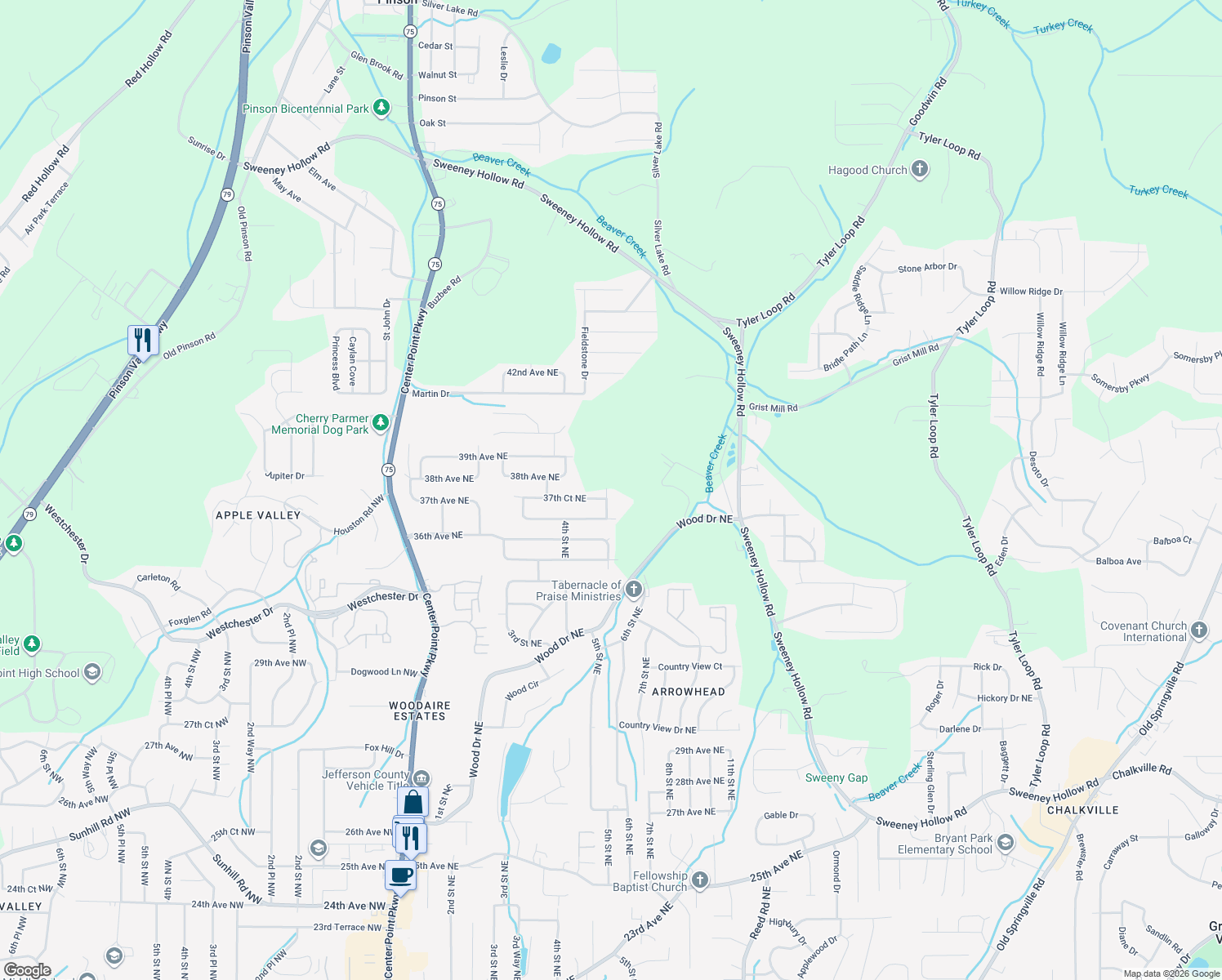 map of restaurants, bars, coffee shops, grocery stores, and more near 3713 5th Street Northeast in Center Point