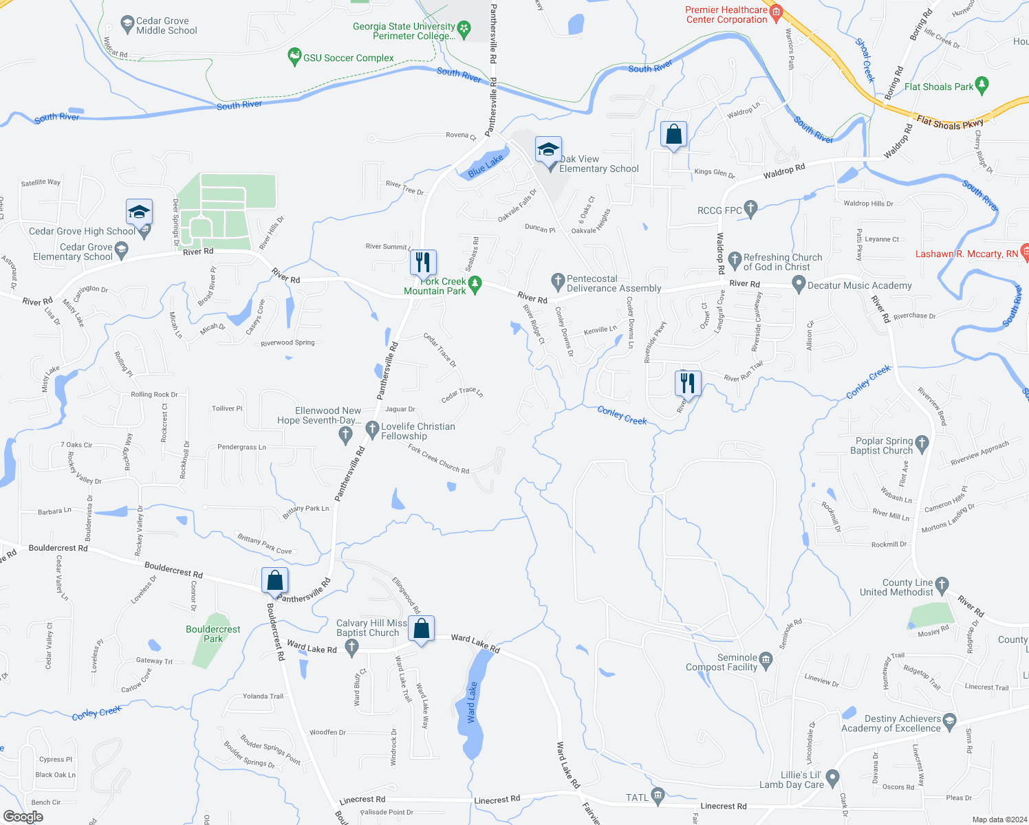 map of restaurants, bars, coffee shops, grocery stores, and more near 2868 River Ridge Hill in Decatur