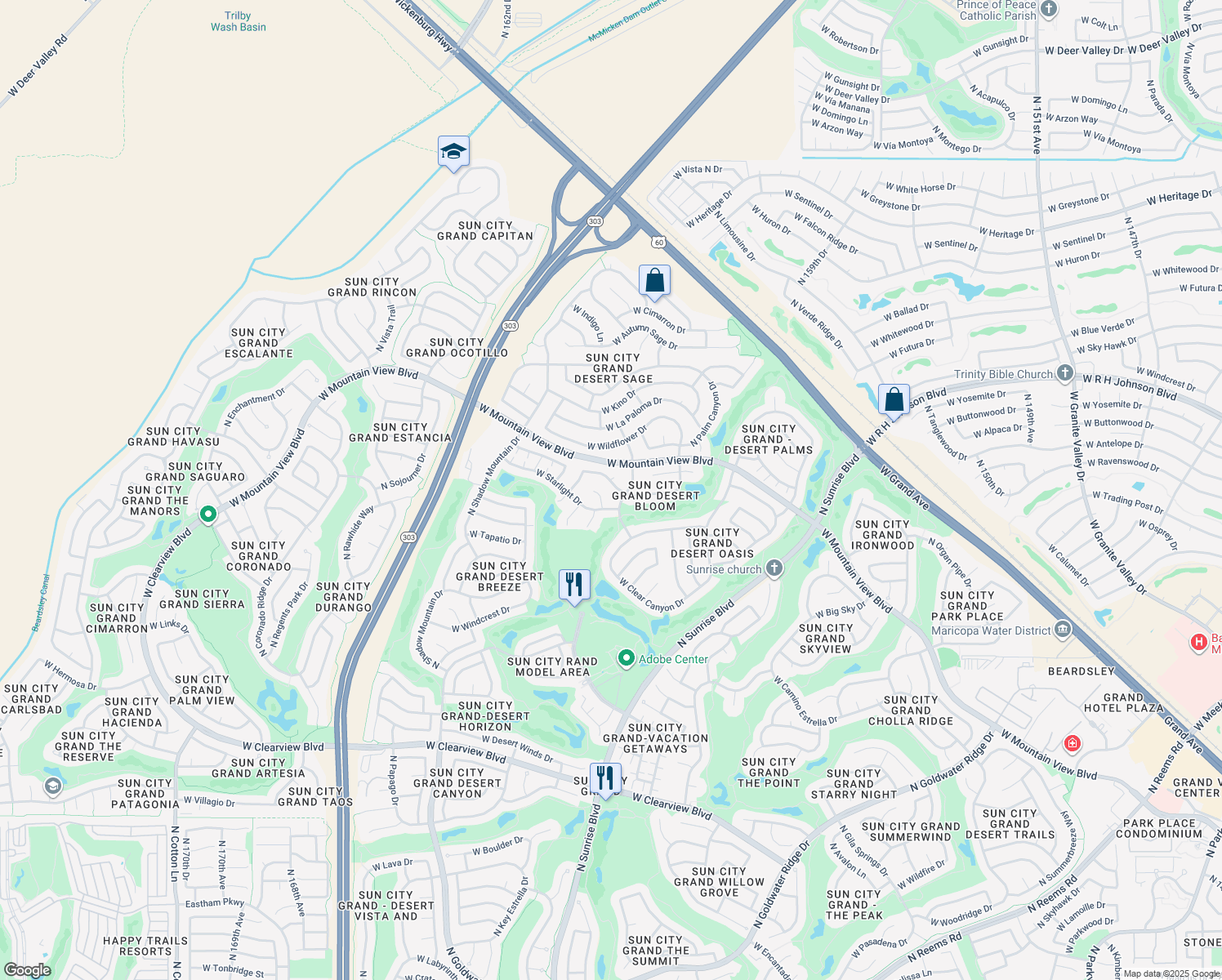 map of restaurants, bars, coffee shops, grocery stores, and more near 15943 W Quail Creek Ln in Surprise