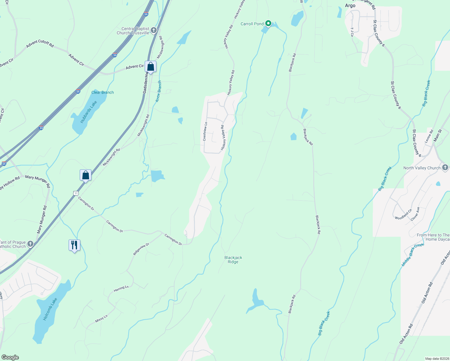map of restaurants, bars, coffee shops, grocery stores, and more near 1008 Lucy Circle in Trussville