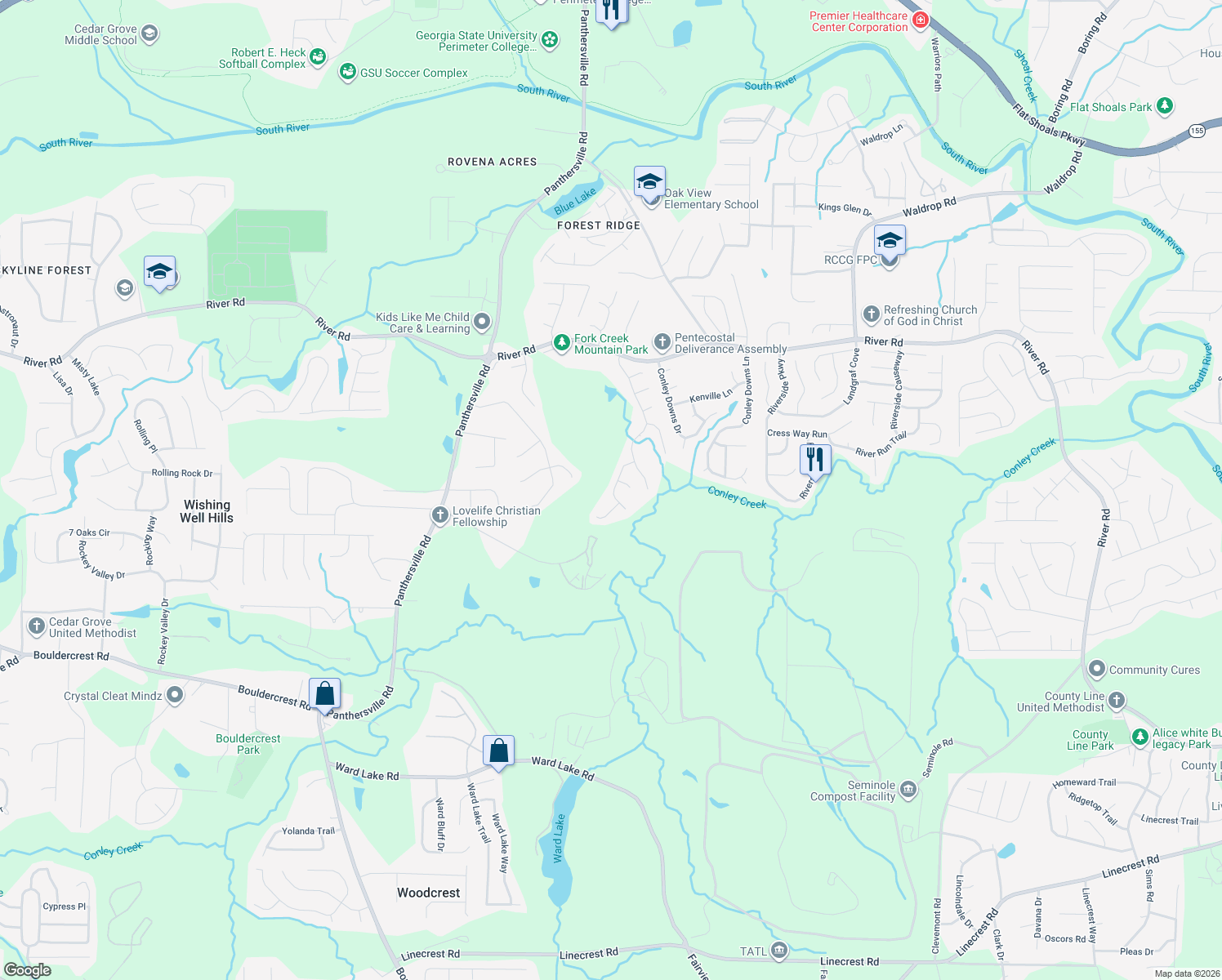 map of restaurants, bars, coffee shops, grocery stores, and more near 2868 River Ridge Hill in Decatur