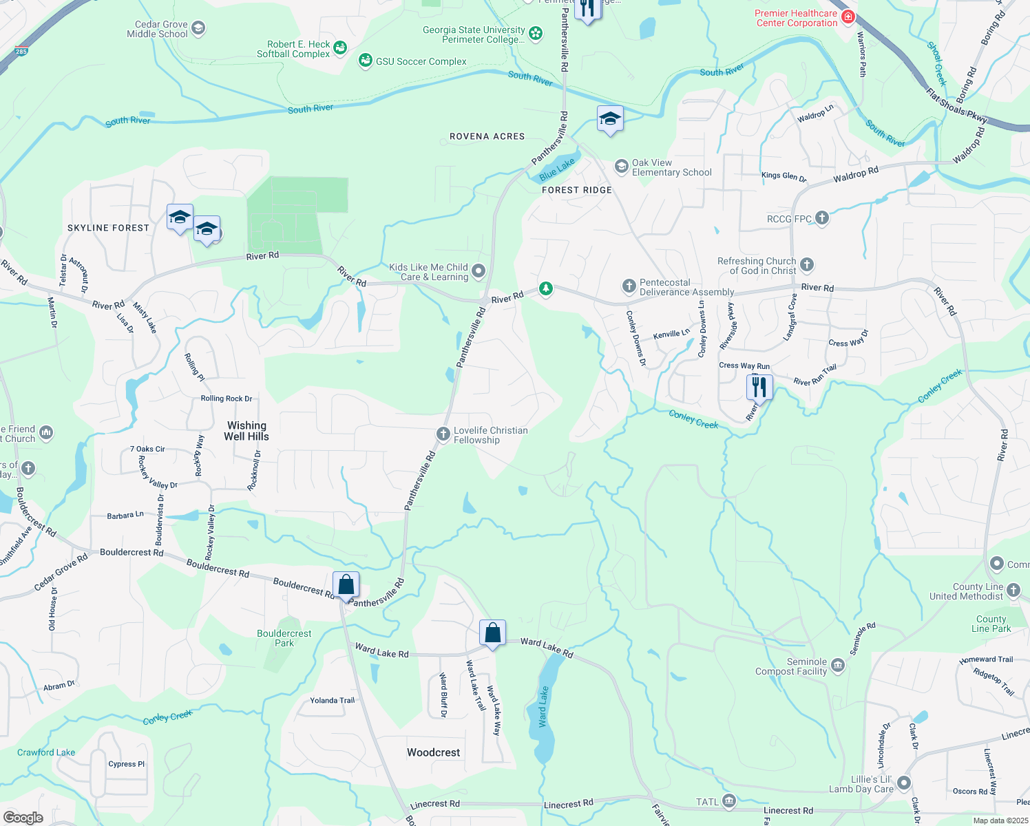 map of restaurants, bars, coffee shops, grocery stores, and more near 3886 Cedar Trace Lane in Ellenwood