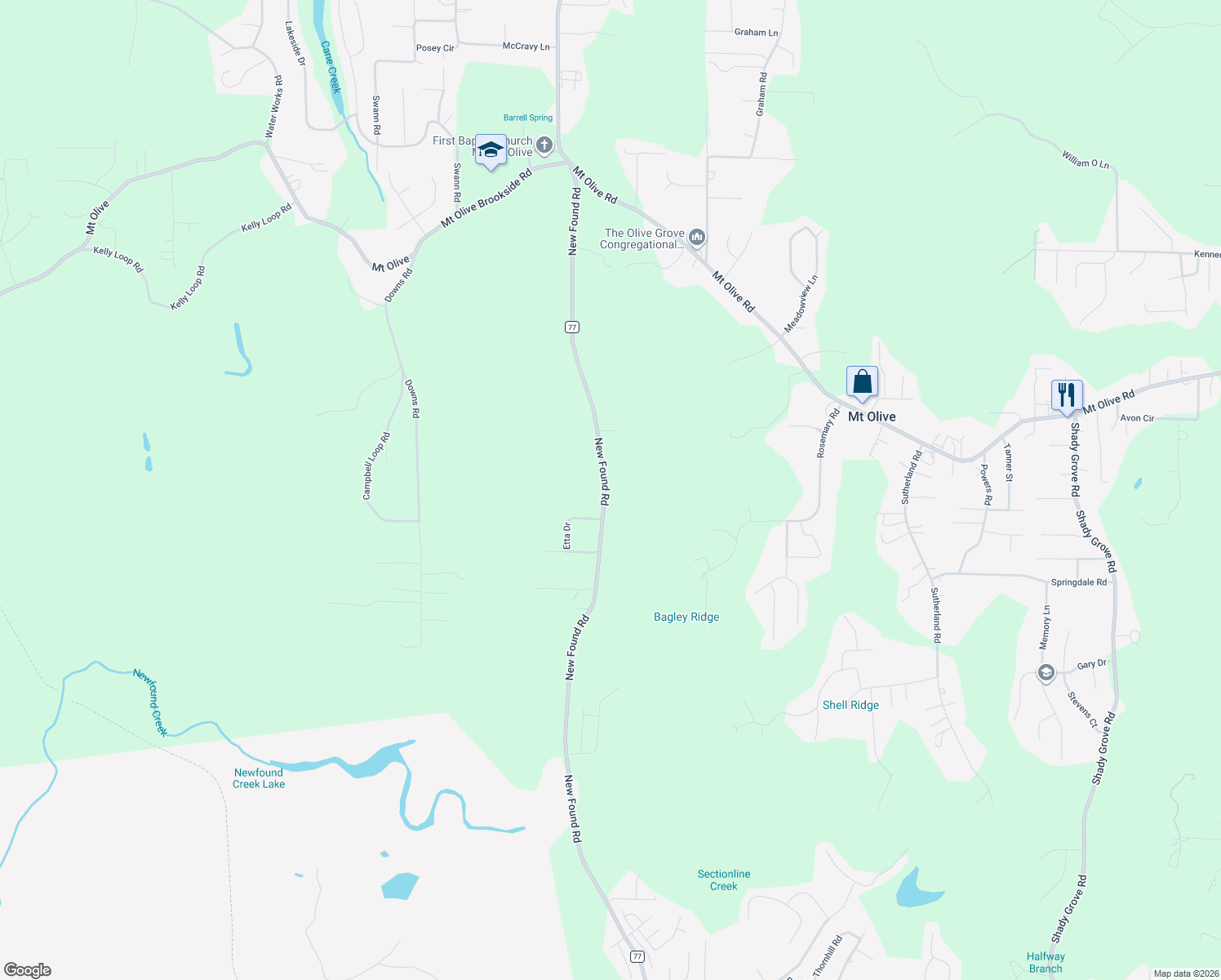 map of restaurants, bars, coffee shops, grocery stores, and more near 5481 New Found Road in Mount Olive