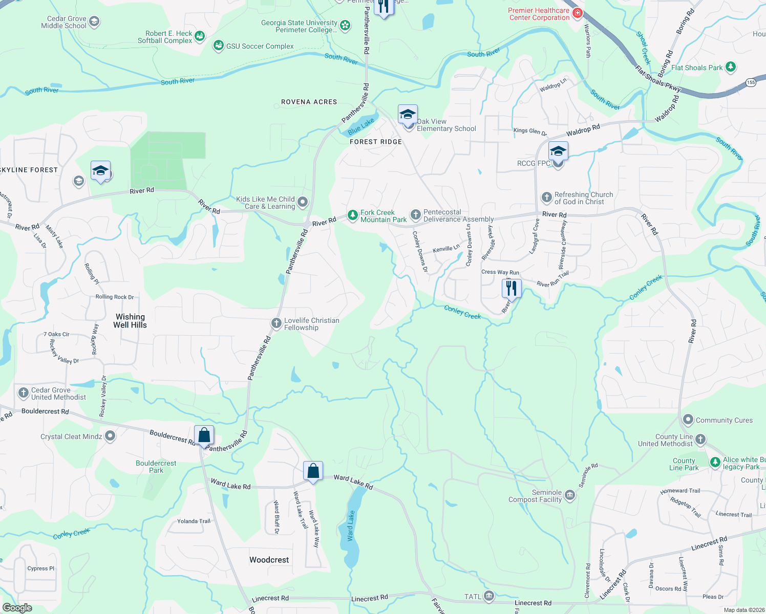 map of restaurants, bars, coffee shops, grocery stores, and more near 2868 River Ridge Hill in Decatur