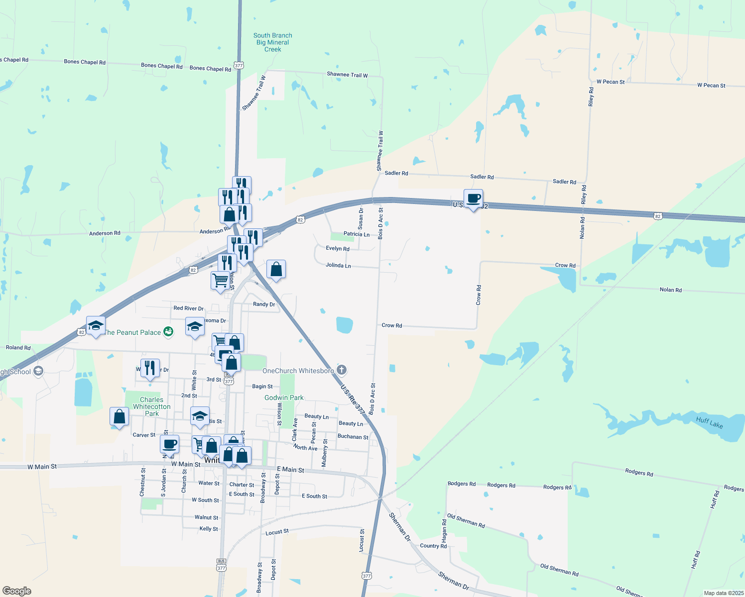 map of restaurants, bars, coffee shops, grocery stores, and more near 929 Bois D Arc Street in Whitesboro